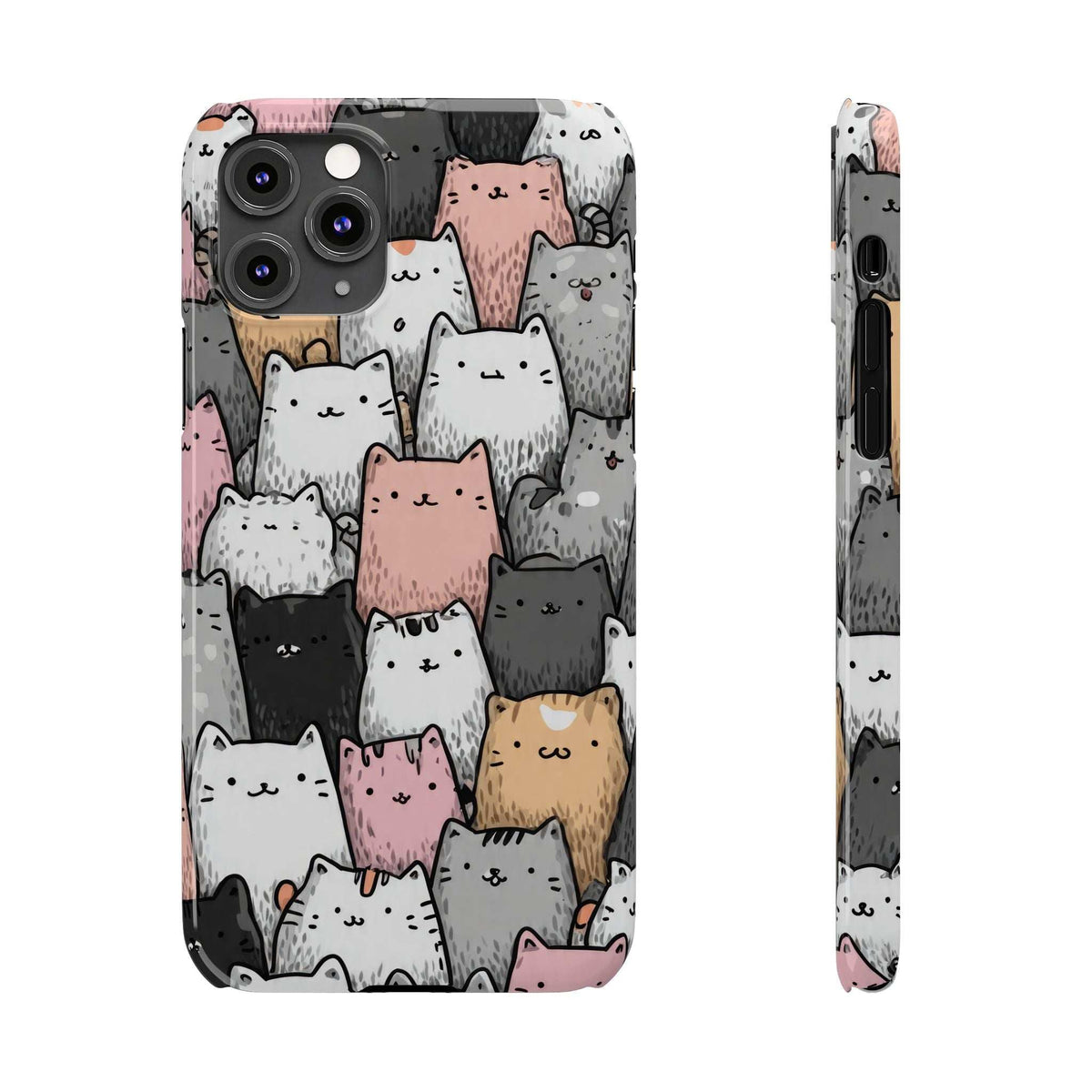 Cat carnival phone case showing front and side, with gray, white, pink, and tan cat faces.