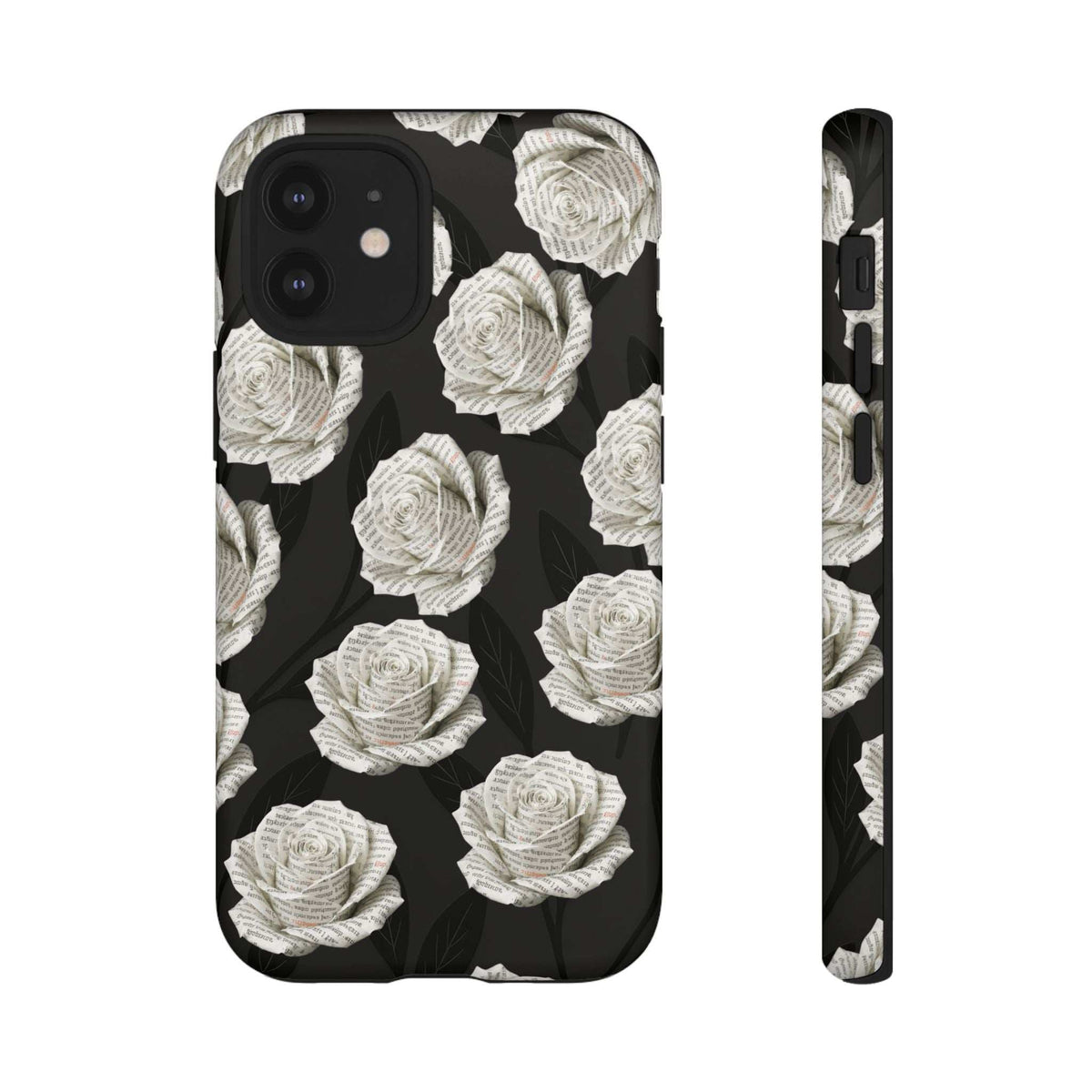 Silent Bloom phone case featuring white roses on black; back view with camera cutout