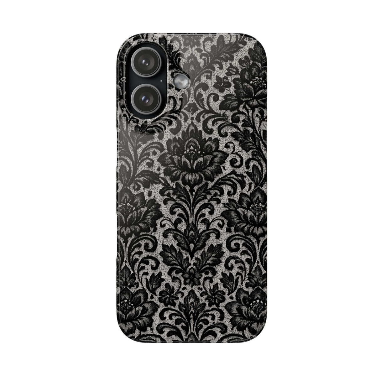 Damask floral phone case, back view, dark gray/black with camera lens cluster