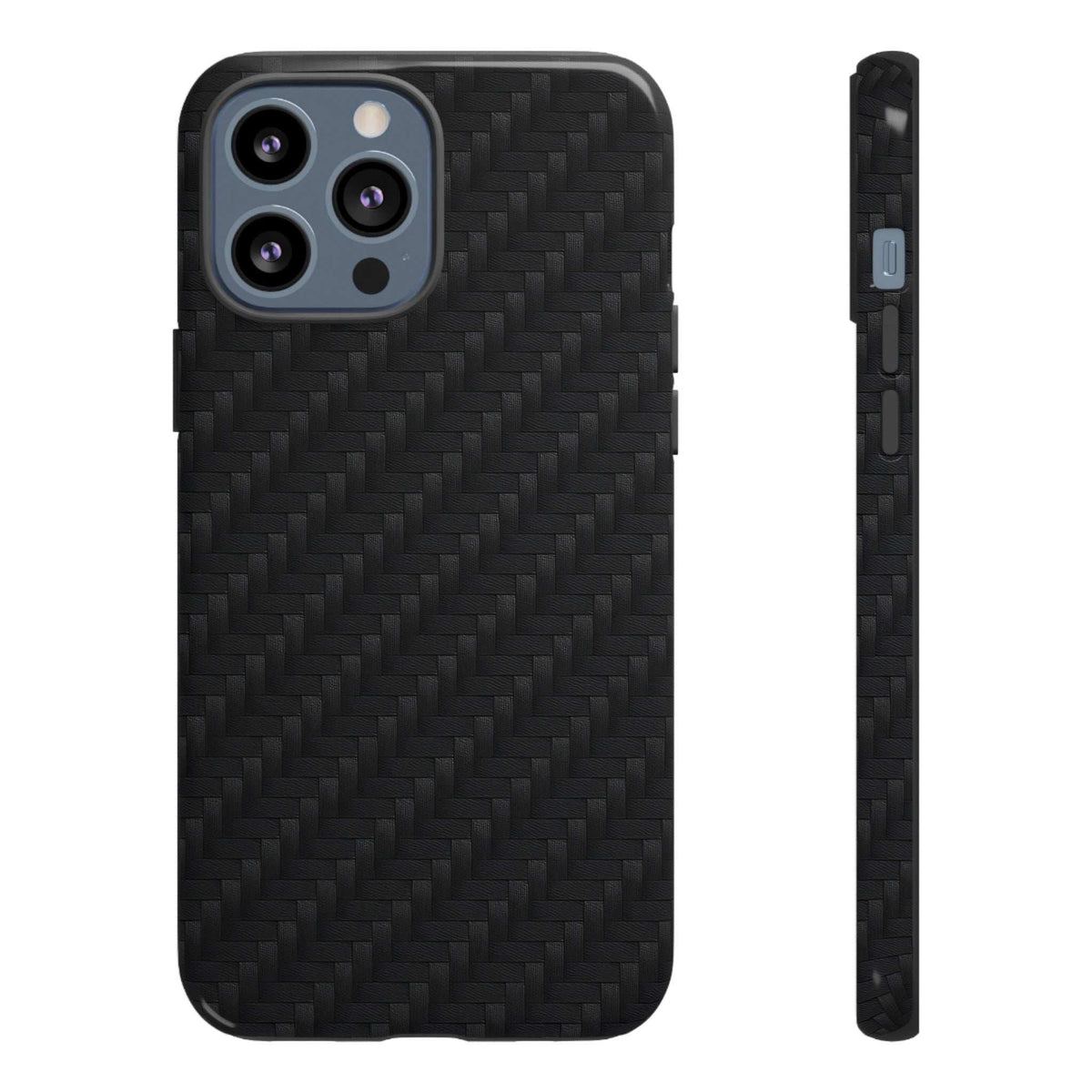 Black carbon fiber phone case with quad camera cutouts, glossy finish, front and side