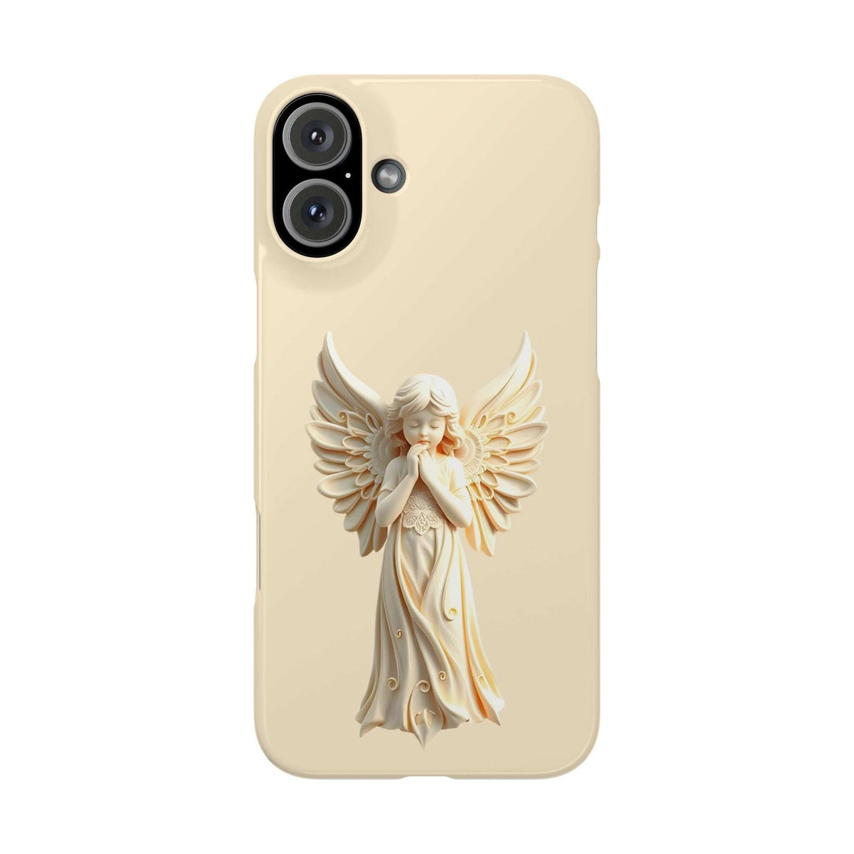 Beige phone case with 3D angel figure and wings, single rear camera cutout
