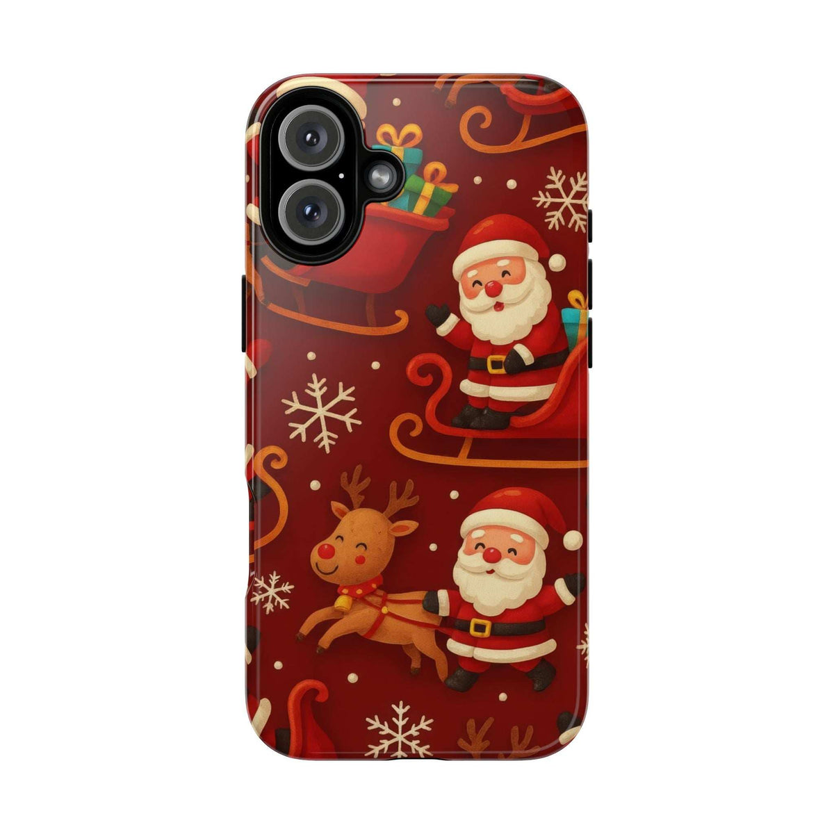 Glossy Santa and reindeer sleigh-pattern phone case, front view with camera openings