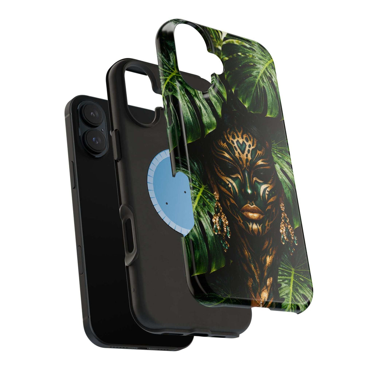 Phone case side profile with jungle lion and jungle leaf print, visible button cutouts