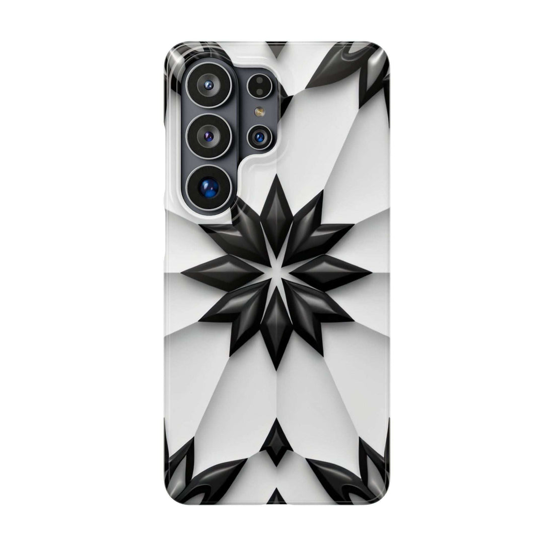 Snap phone case with glossy black-and-white geometric star pattern, front camera cutouts.