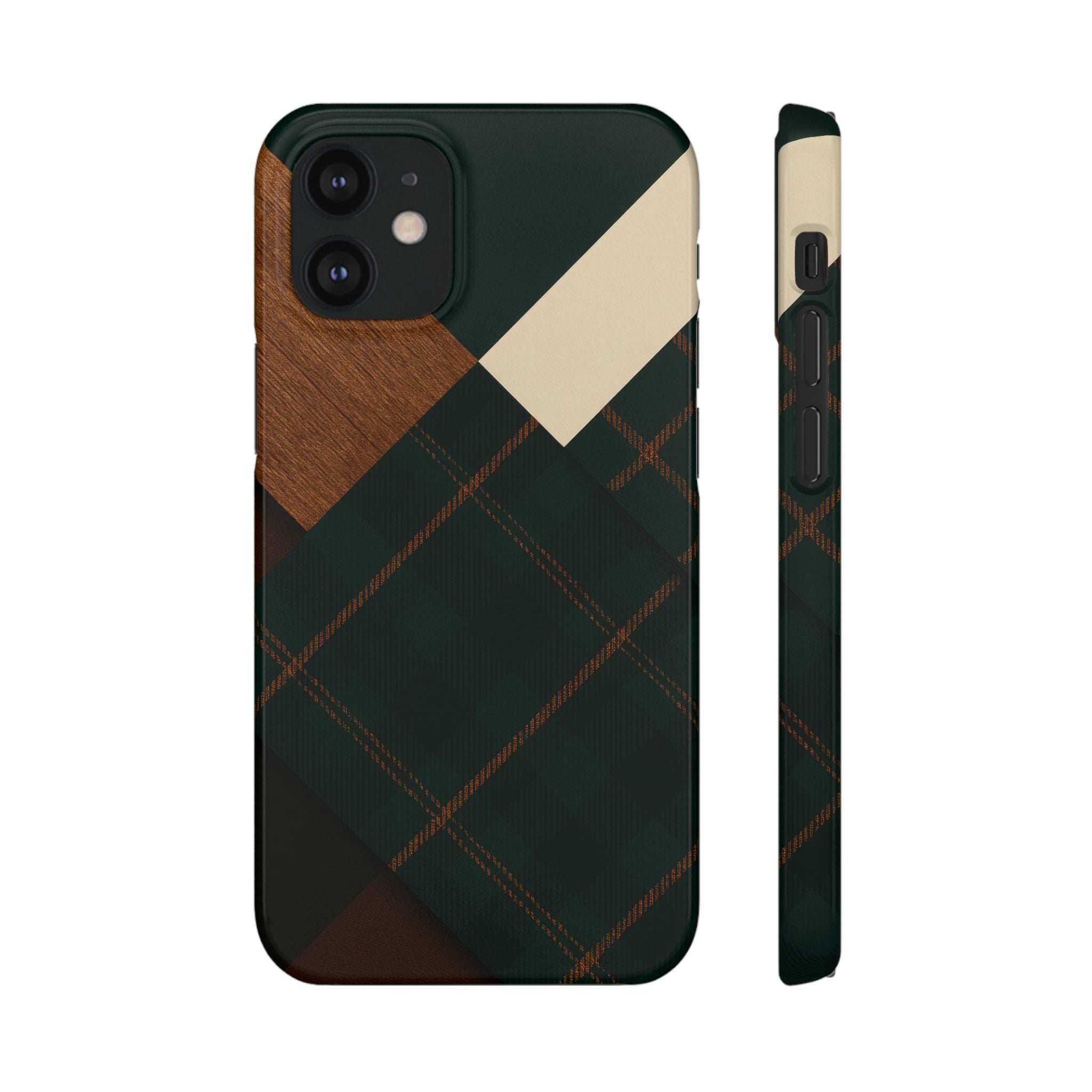 Phone case with dark green diamond plaid and tan wood texture; cream diagonal accent; camera openings
