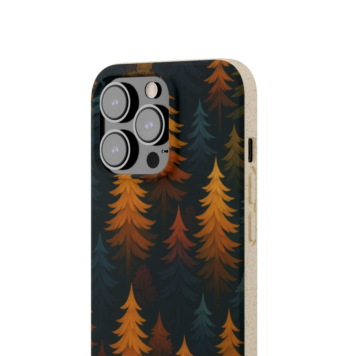 Biodegradable phone case forest pattern, dark blue and orange trees, side button cutout