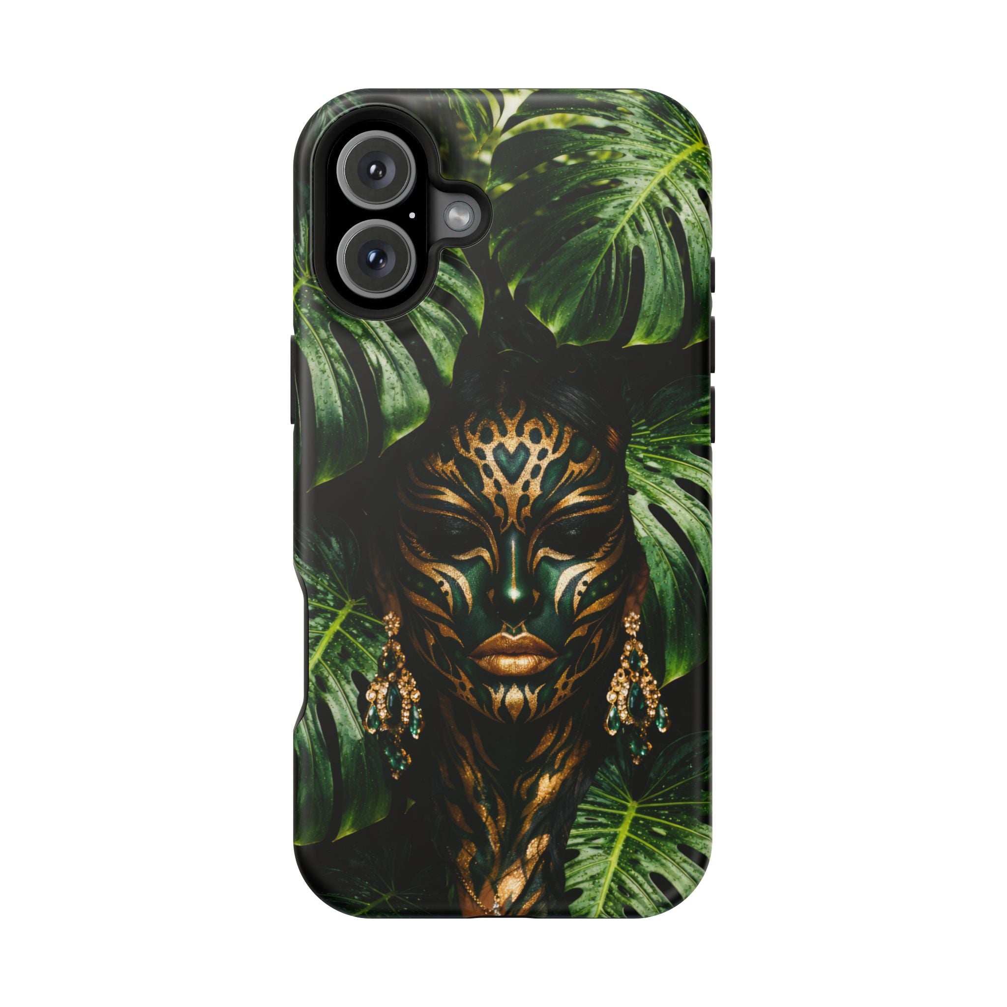 Jungle portrait phone case with gold headdress, green leaves, and protected camera bump
