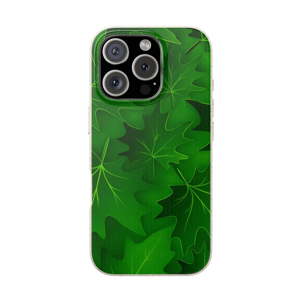 Green botanical leaf phone case with triple camera cutout and black lens area
