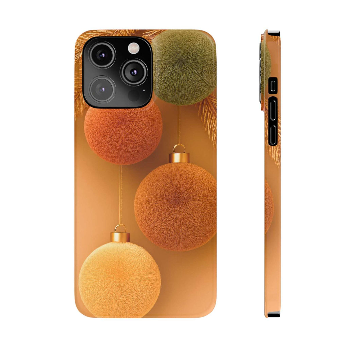 Phone case for iPhone 11-17 with fuzzy hanging ornament balls and side ports
