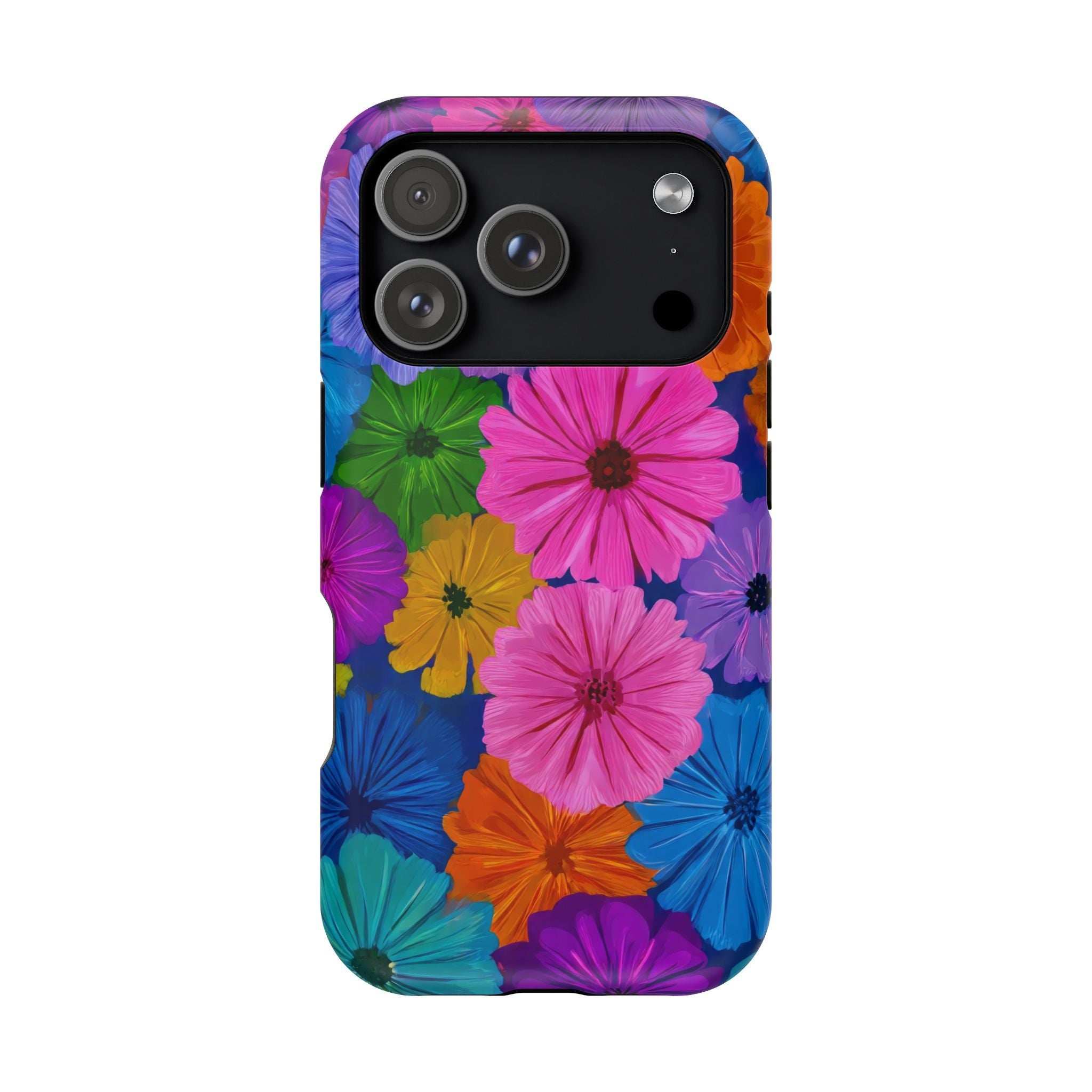 Colorful flower phone case with quad camera cutouts and flash hole on the back.