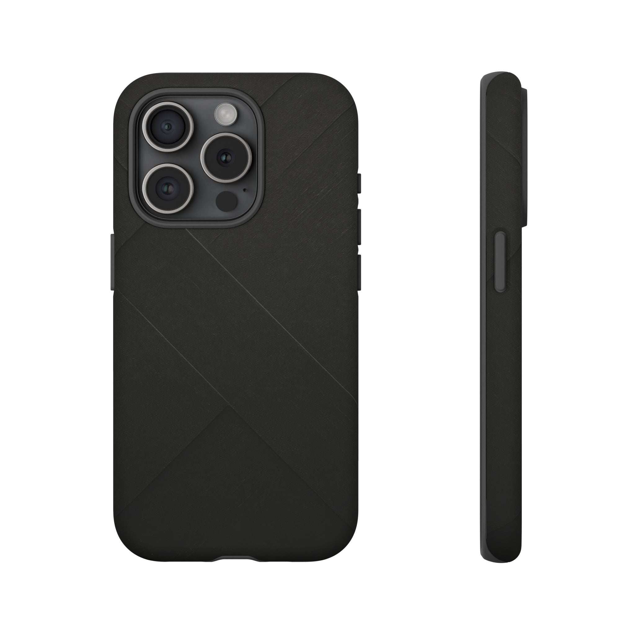 Matte black phone case with diagonal lines; camera cutouts with side profile view
