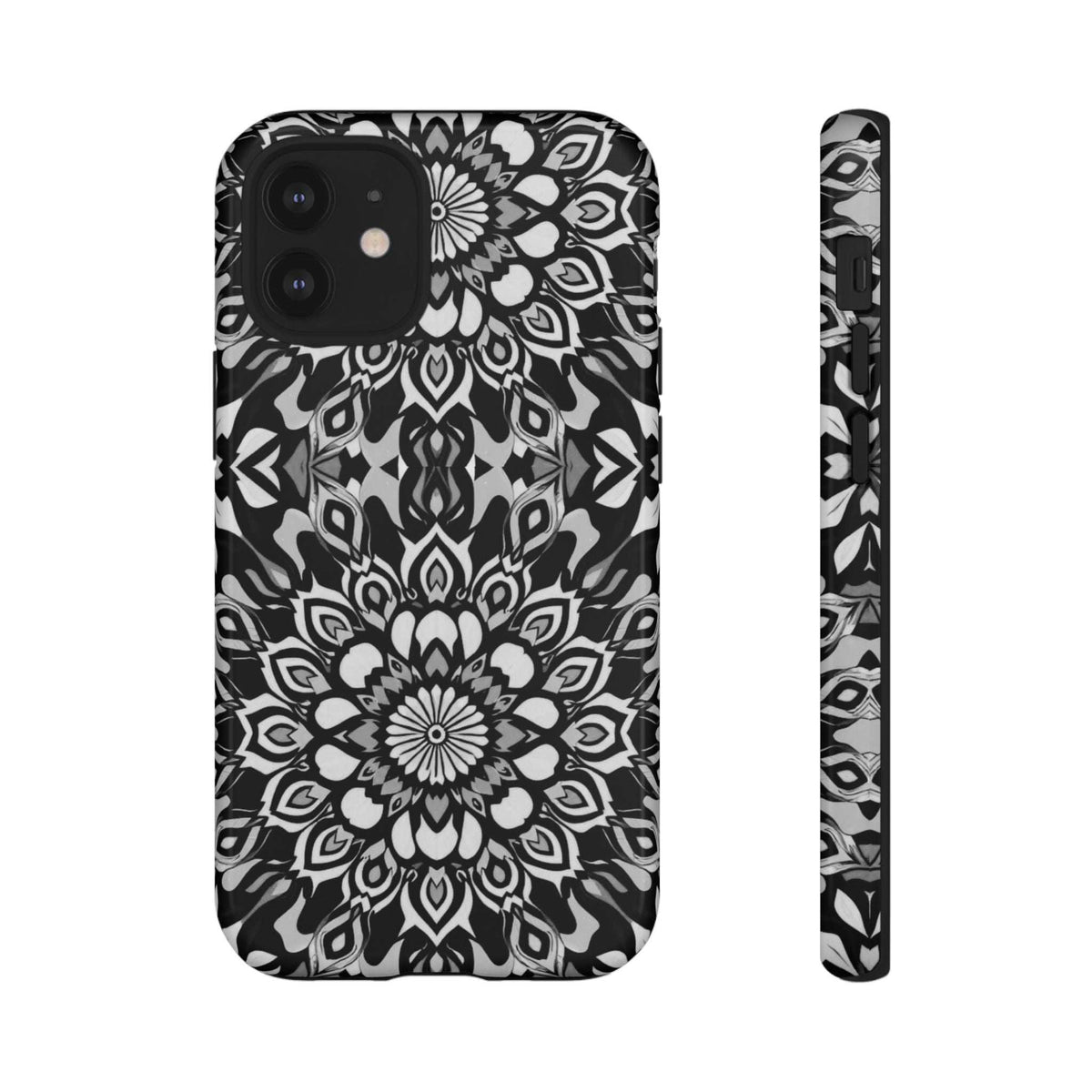 Mandala phone case front with black-and-white rosette pattern and slim side view