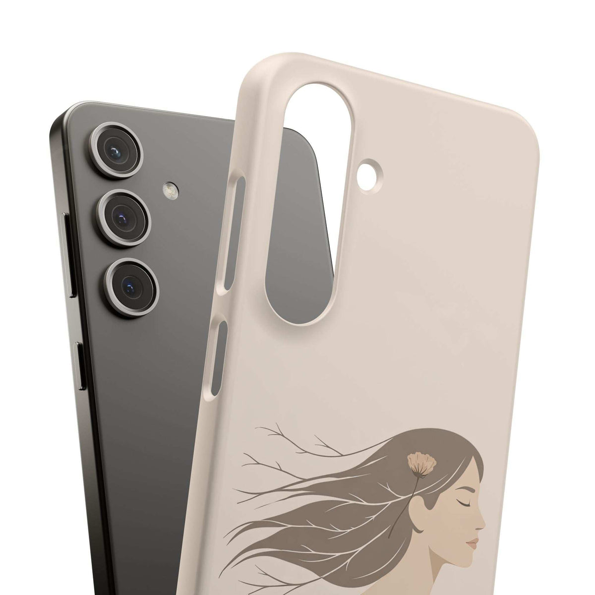 Pair of phone cases: cream woman-outline case and dark case with camera and button cutouts.