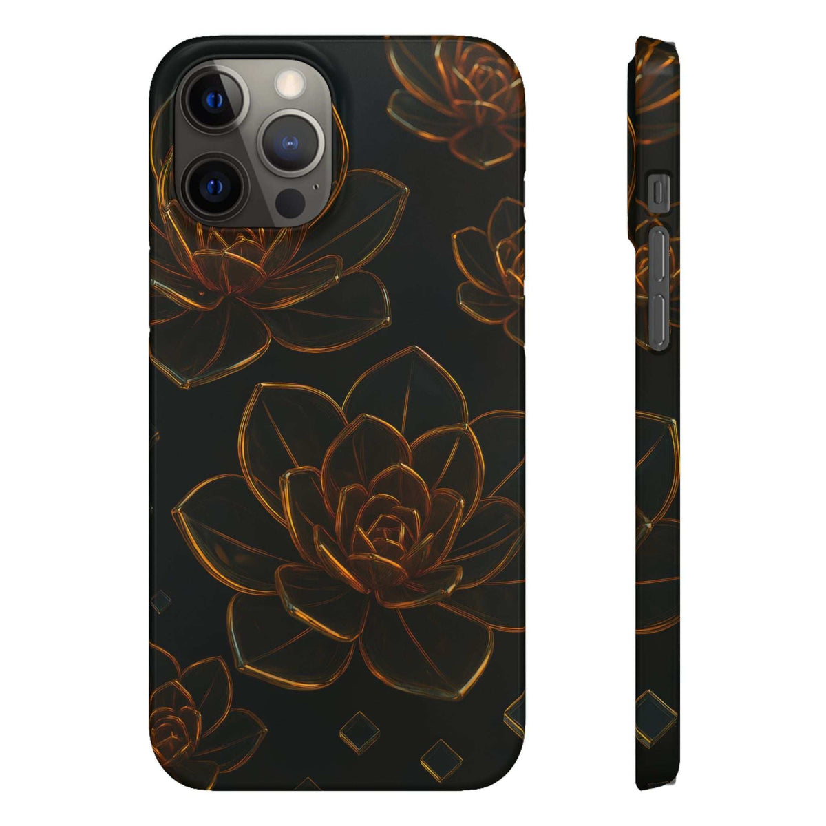 Glossy glass flower phone case with orange flower outlines on black; raised camera area