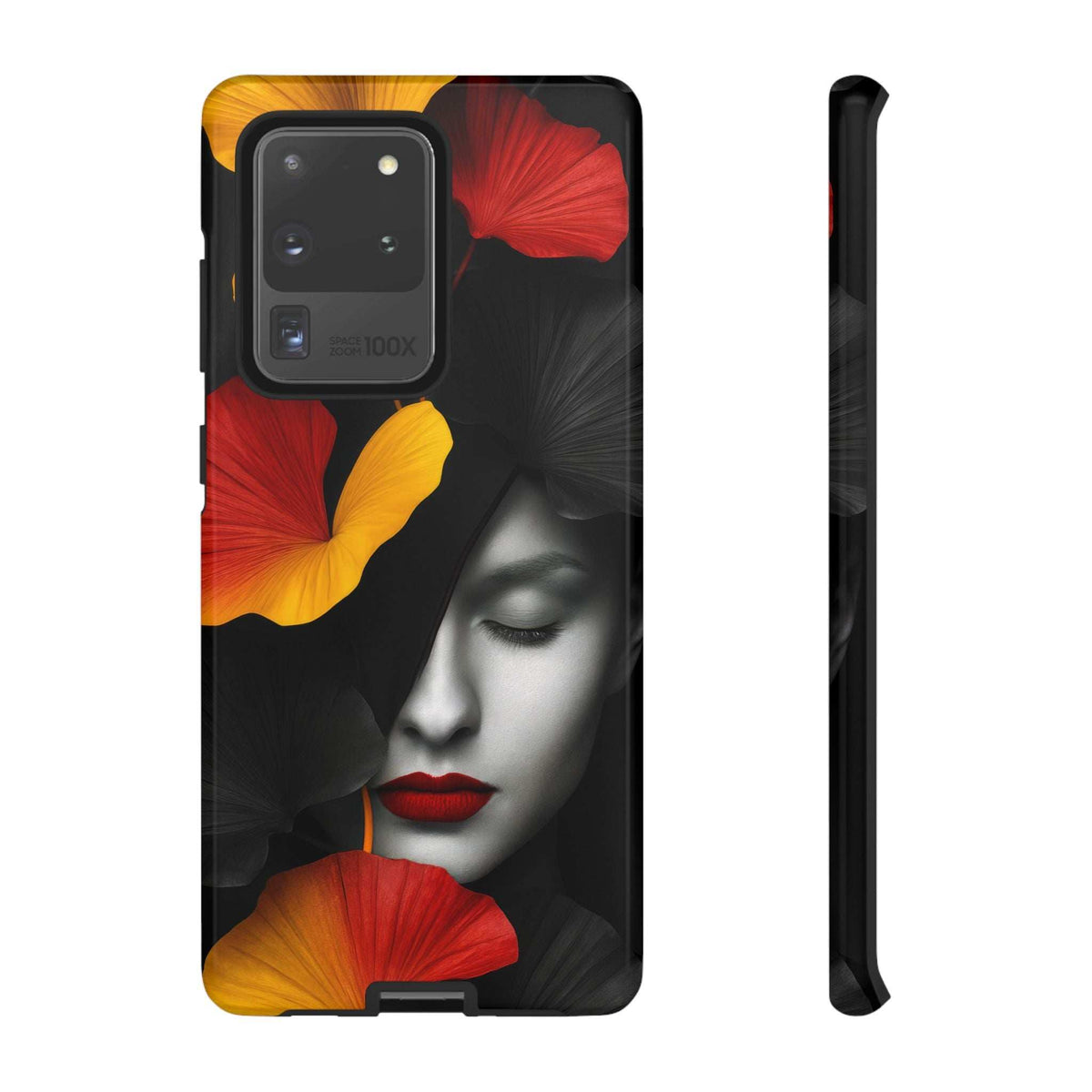 Glossy phone case with black base and illustrated face with red and yellow flowers