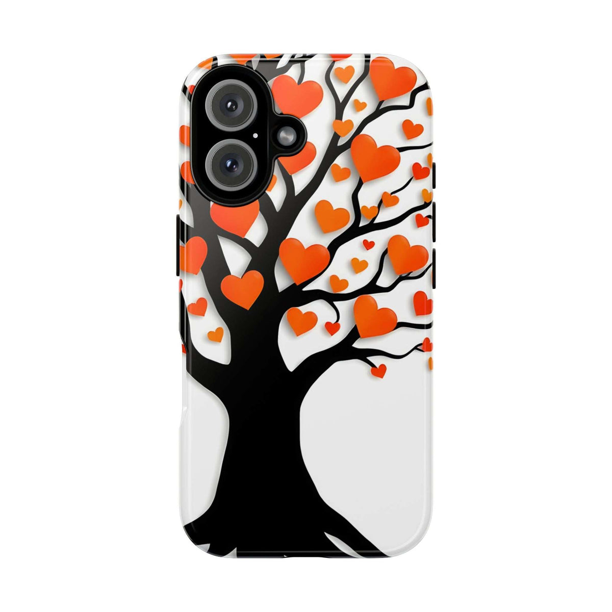 Heart tree phone case with orange hearts on white, black tree trunk and dual cameras