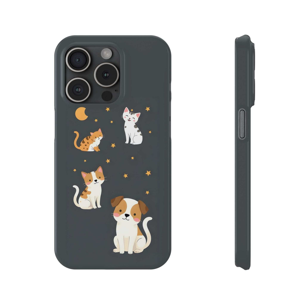 Dark gray iPhone case with cat and dog graphic, stars and moon, multi-lens camera cutouts