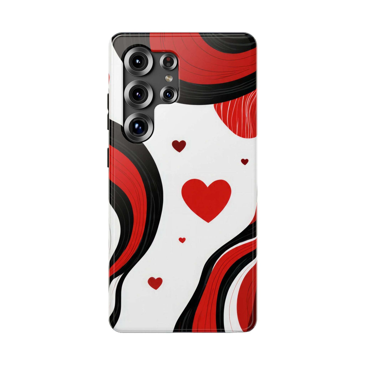 Glossy phone case with white base, red hearts, and red/black swirl design with multi-lens camera
