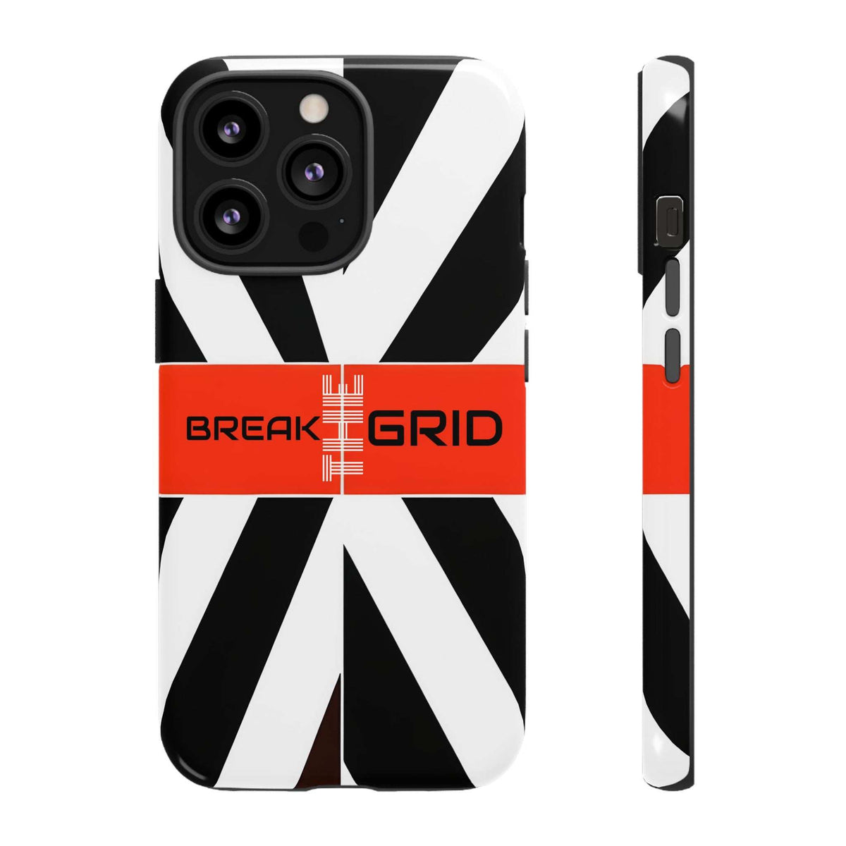 Phone case with black-and-white geometric stripes, red "Break Grid" band, front and side view.