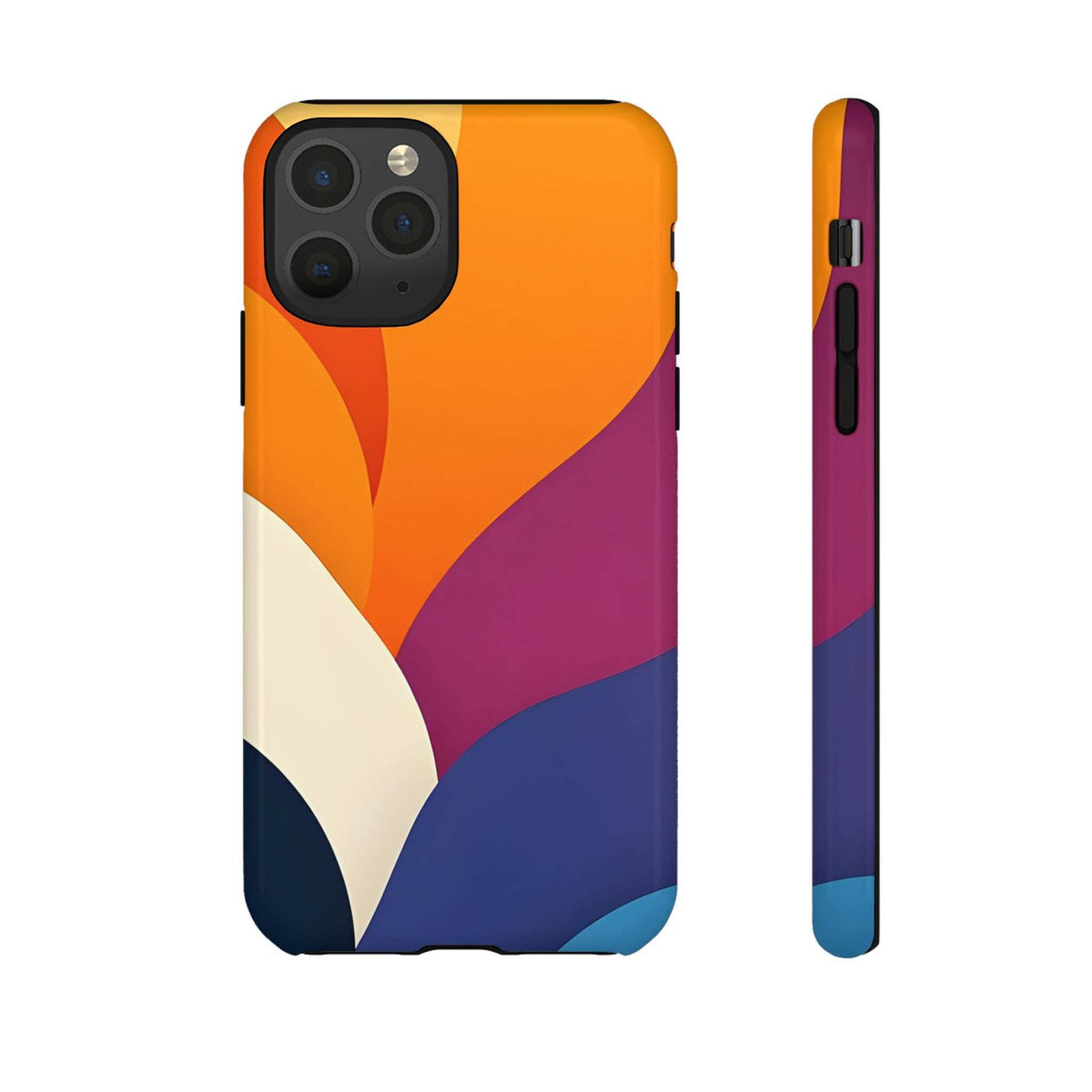 Phone case back and side view with abstract orange, magenta and navy curves; camera openings shown
