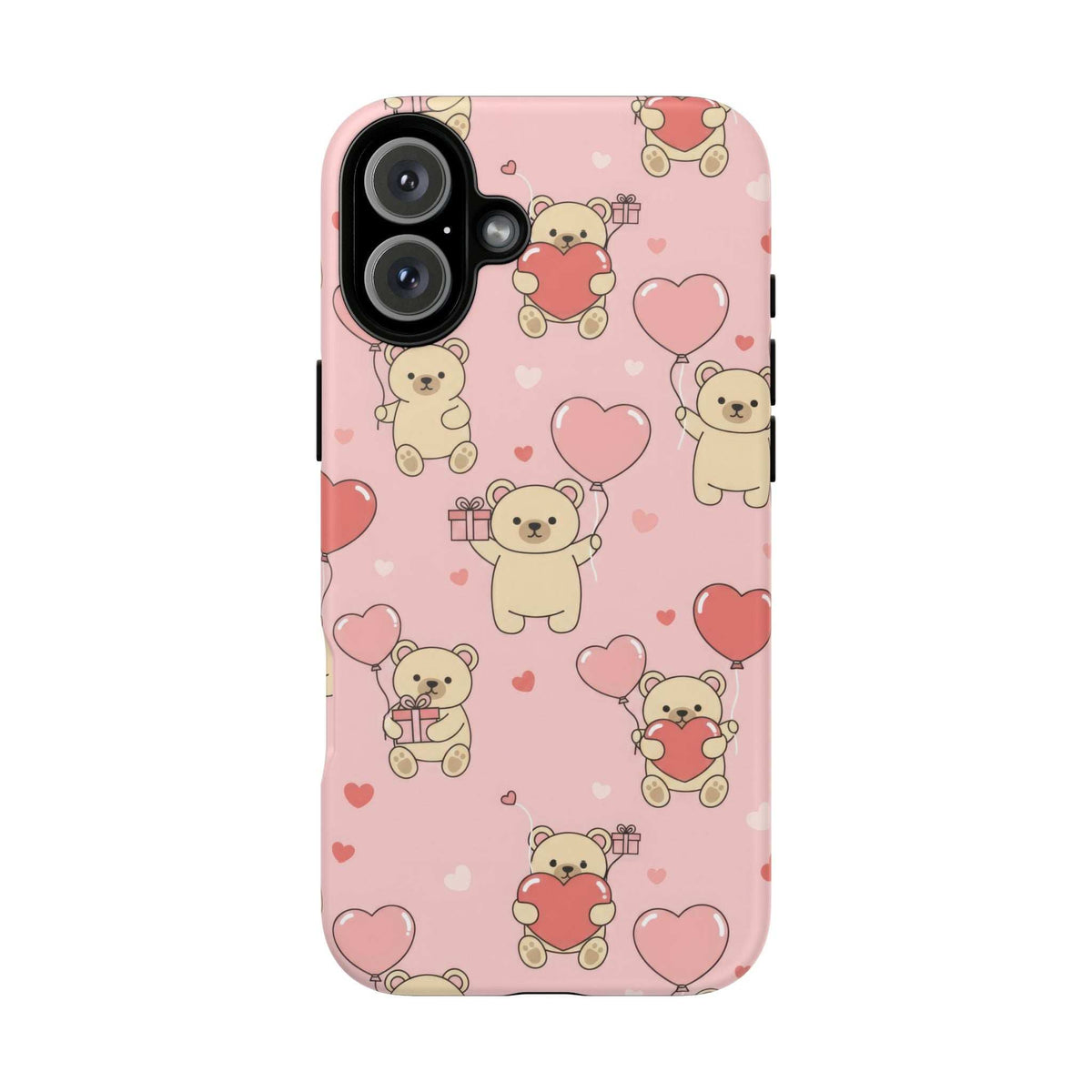 Pink phone case with teddy bears and hearts, showing side and camera cutouts