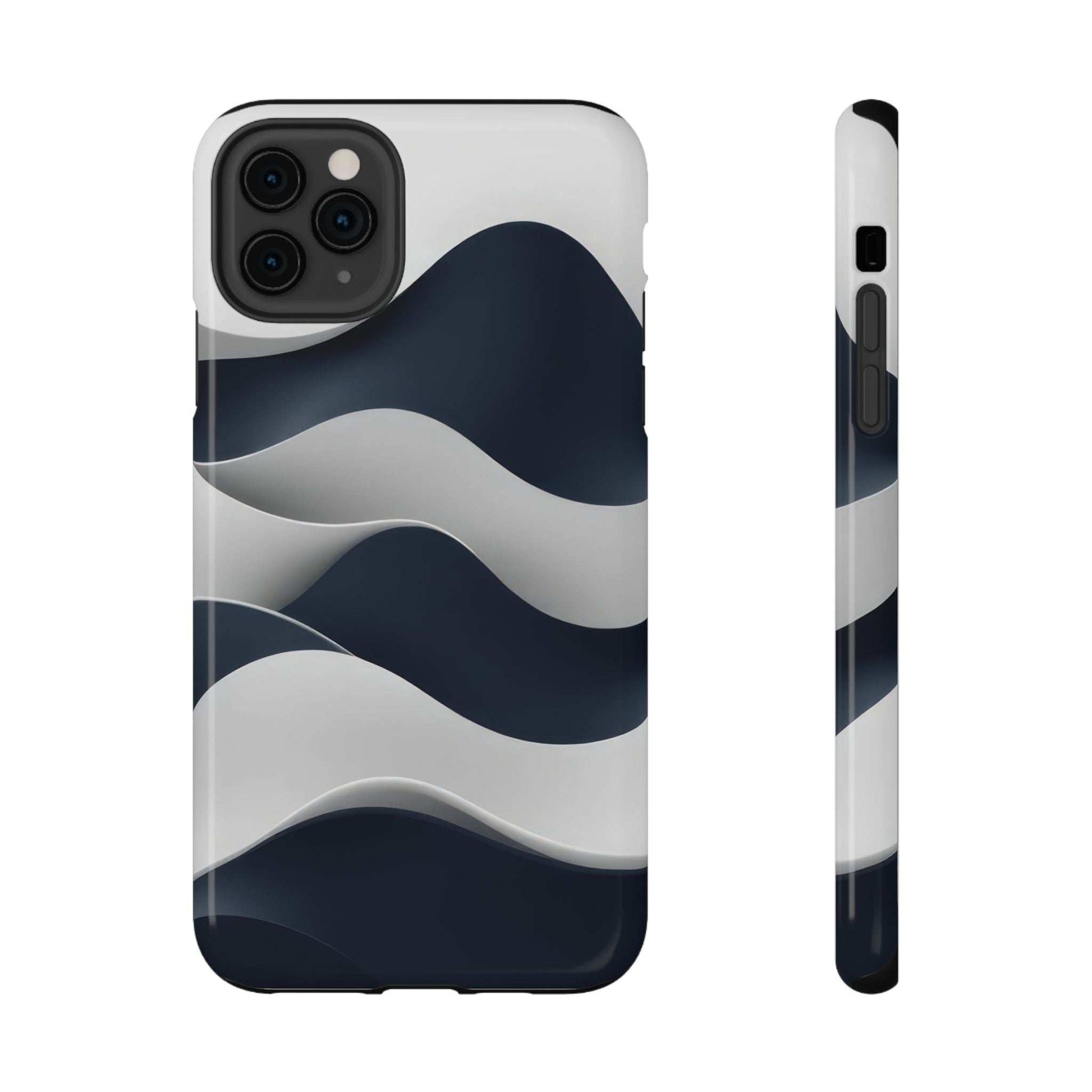 Phone case front and side view with dark-blue ocean waves on light background; slim profile.