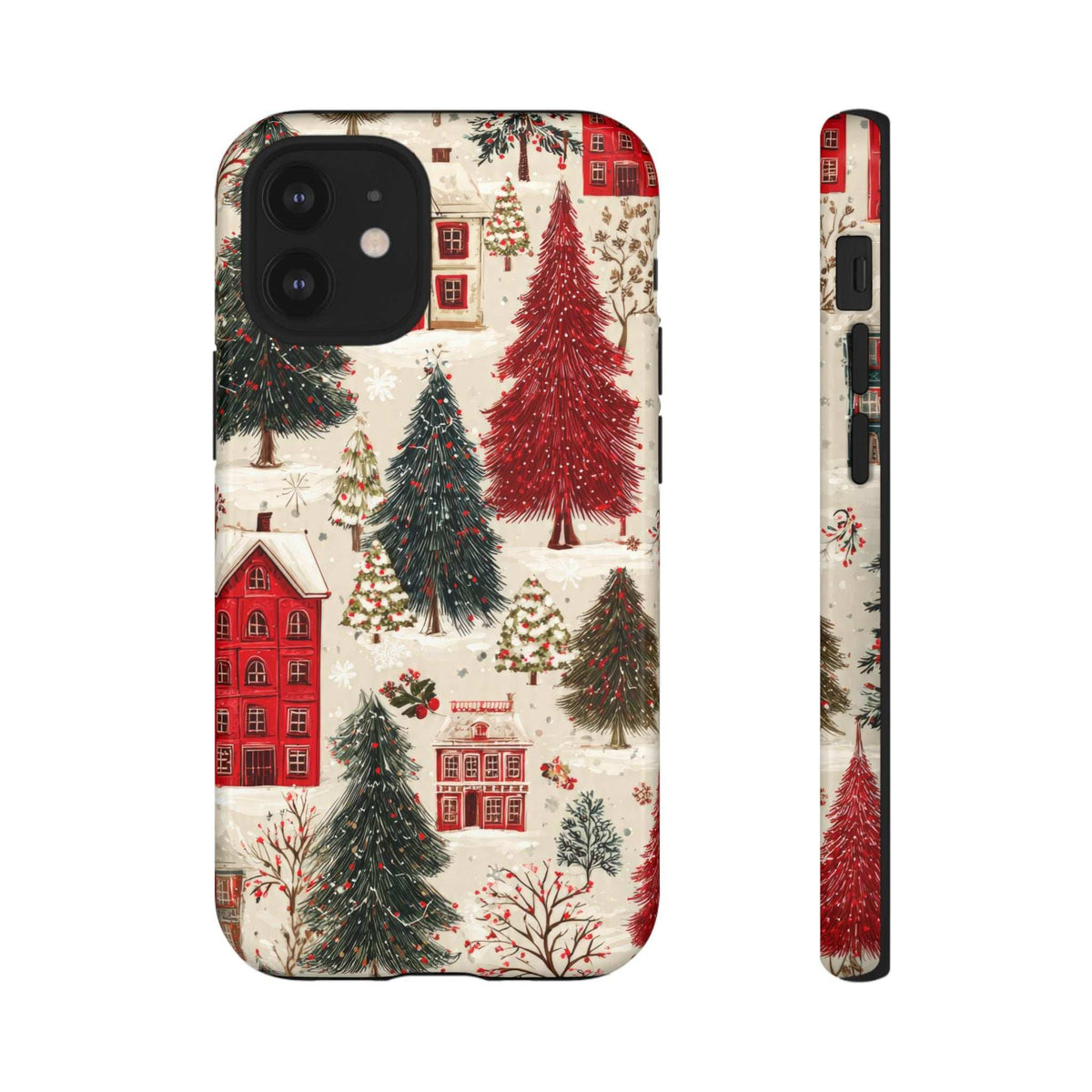 Winter village phone case, red buildings and pine trees pattern, black camera cutout, back view