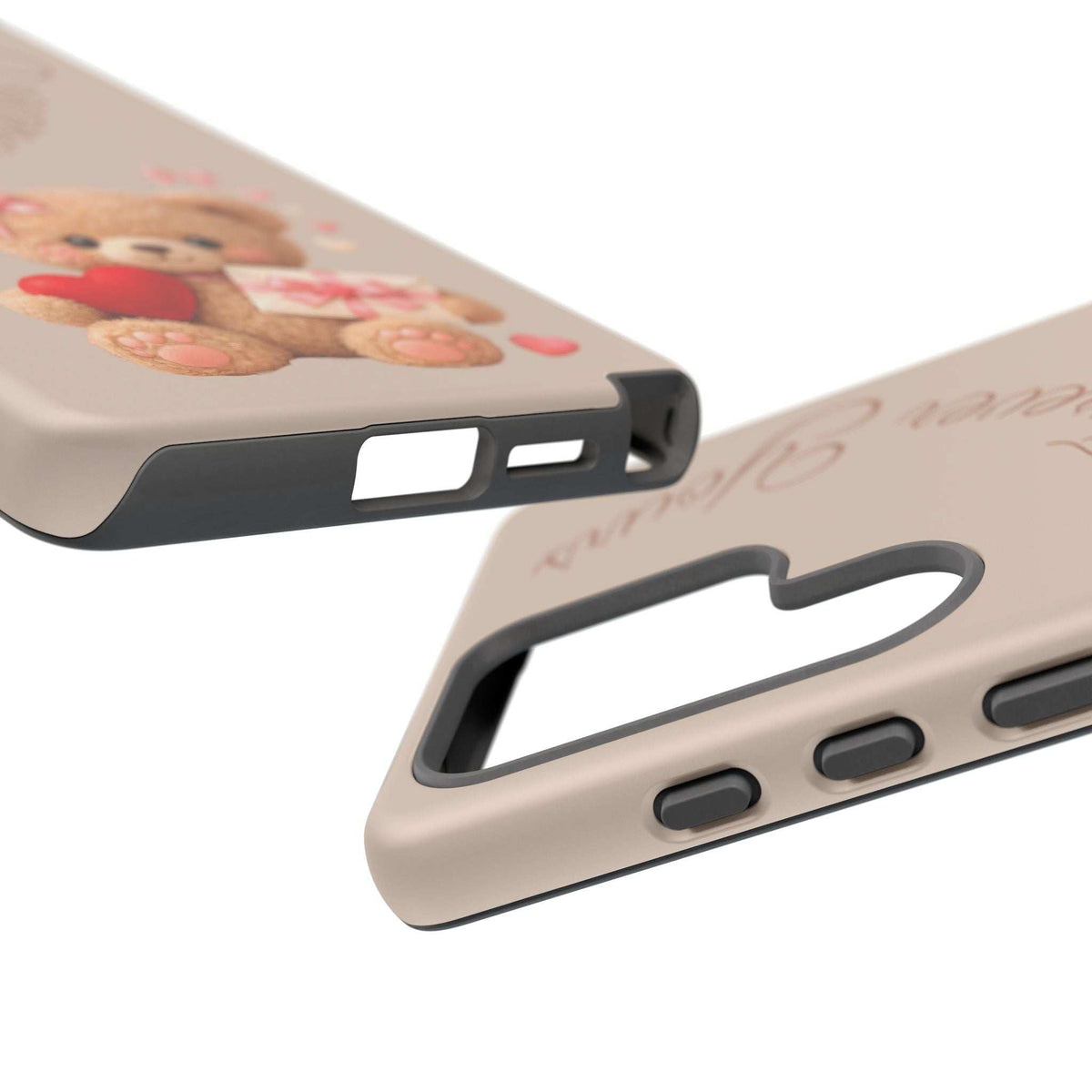 Beige phone case with teddy bear print and protective bumper with button cutouts
