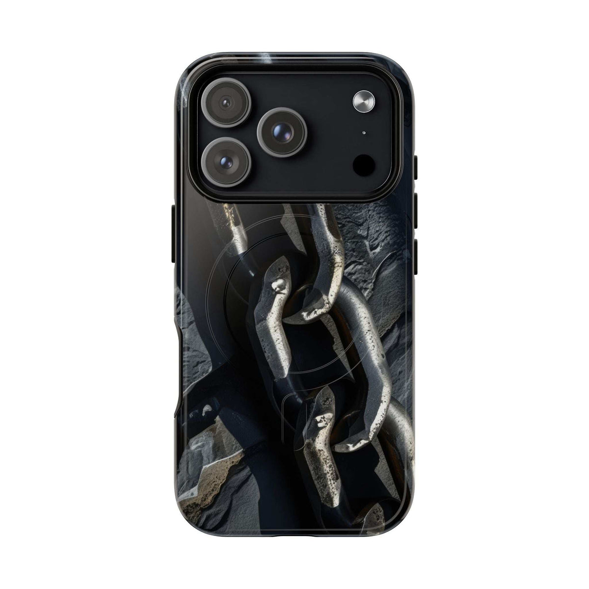Black phone case with iron chain artwork and triple camera lens cutouts