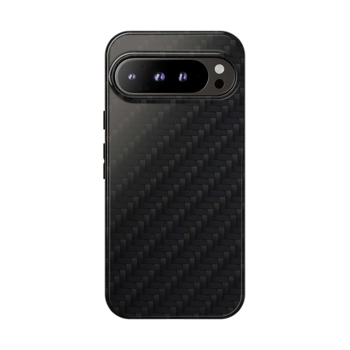 Black carbon-fiber phone case with horizontal camera bar and glossy top bezel