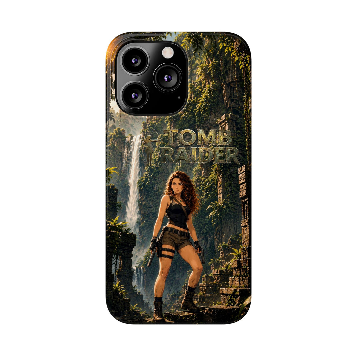 Phone case with Tomb Raider logo and character graphic, plus triple camera cutouts