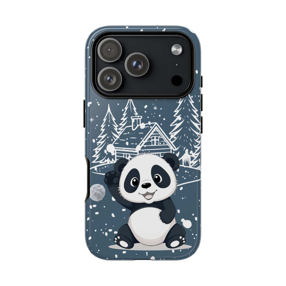 Dark blue iPhone phone case with panda in snowy pine scene, dual camera lens openings