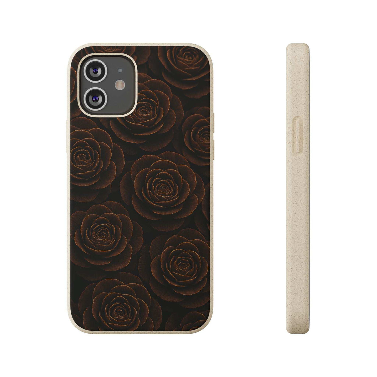 Dark rose-pattern phone case with camera opening and light-colored side profile for protection.