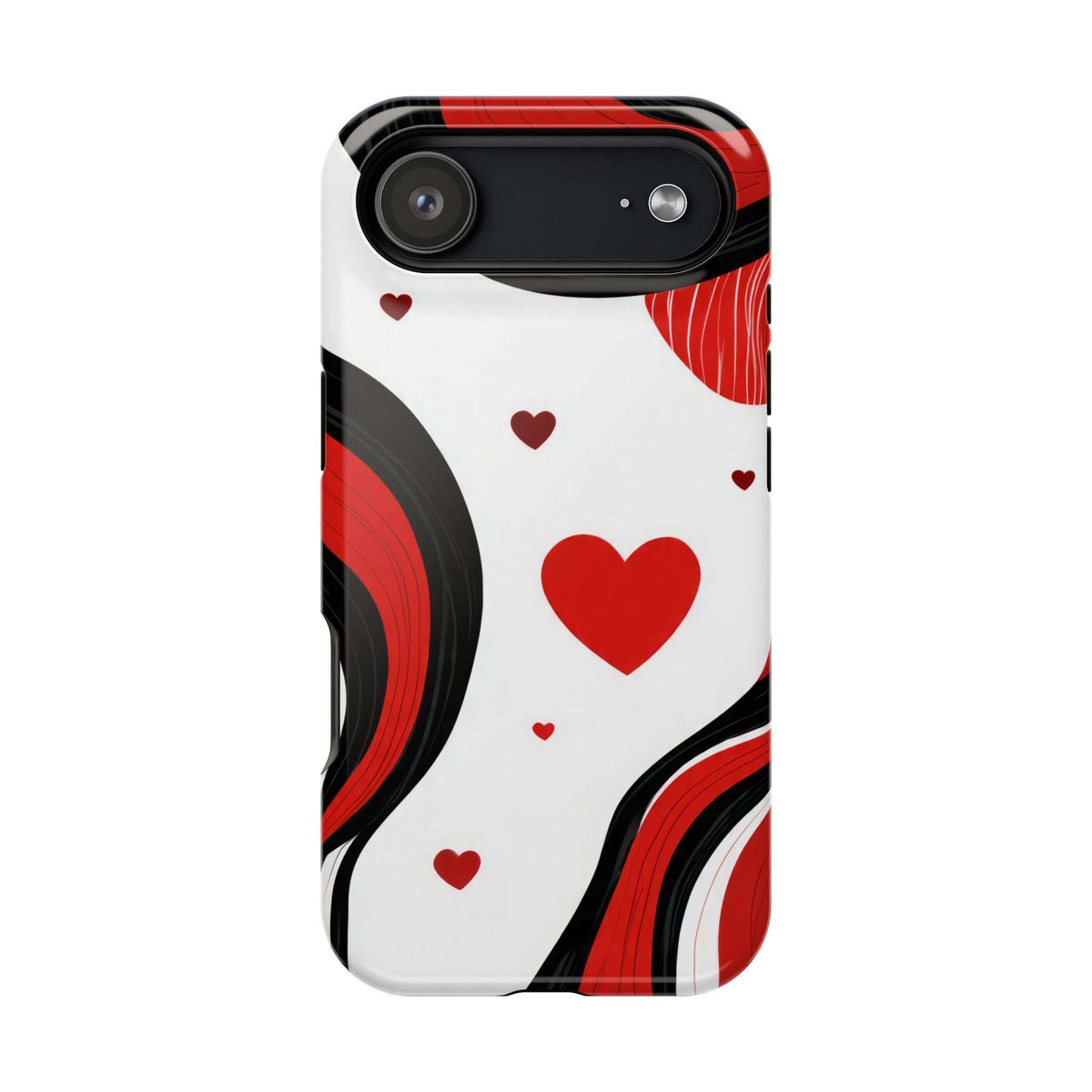 Glossy phone case with white base, red hearts, and red/black swirl design