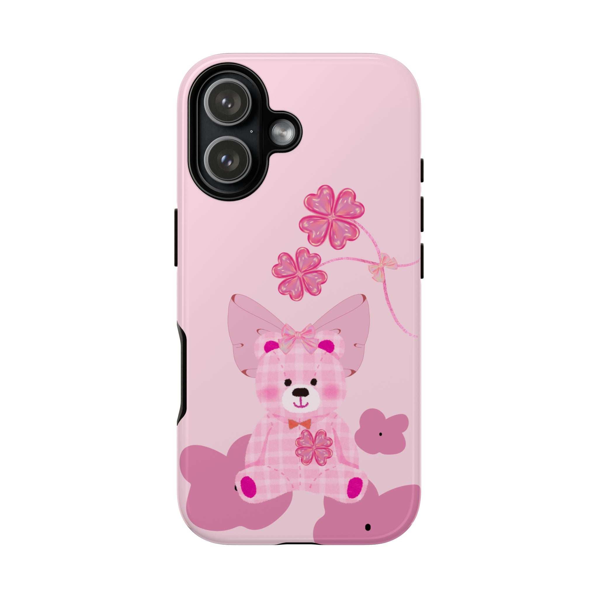 Pink phone case with teddy bear and pink flowers; side edges and camera cutouts