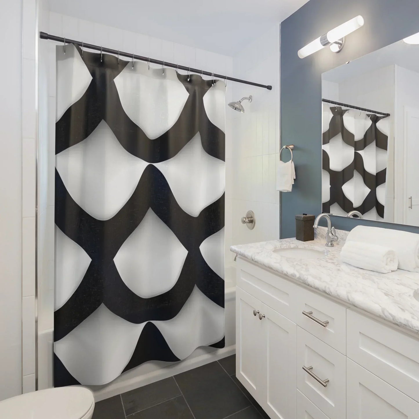 Modern Navy Blue & White Shower Curtain with Geometric Wave Pattern - KarArmDesign