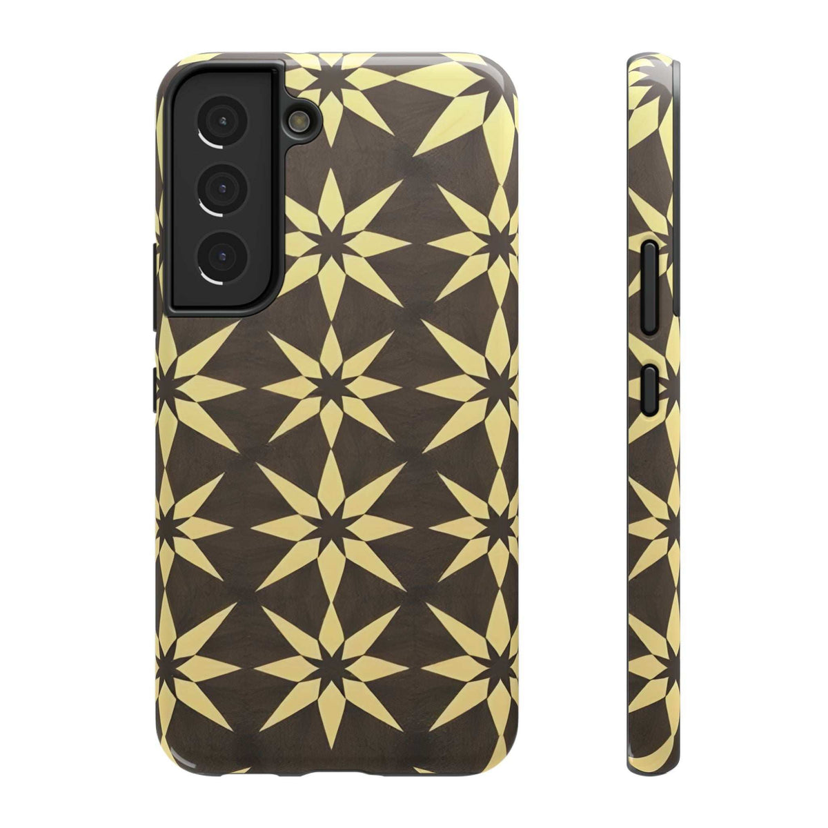 Star geometric phone case with raised camera cover, black and gold pattern.
