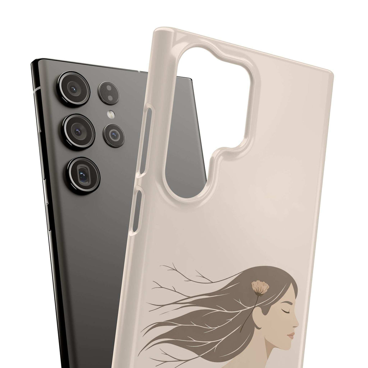 Cream phone case with woman profile line art and large oval camera opening