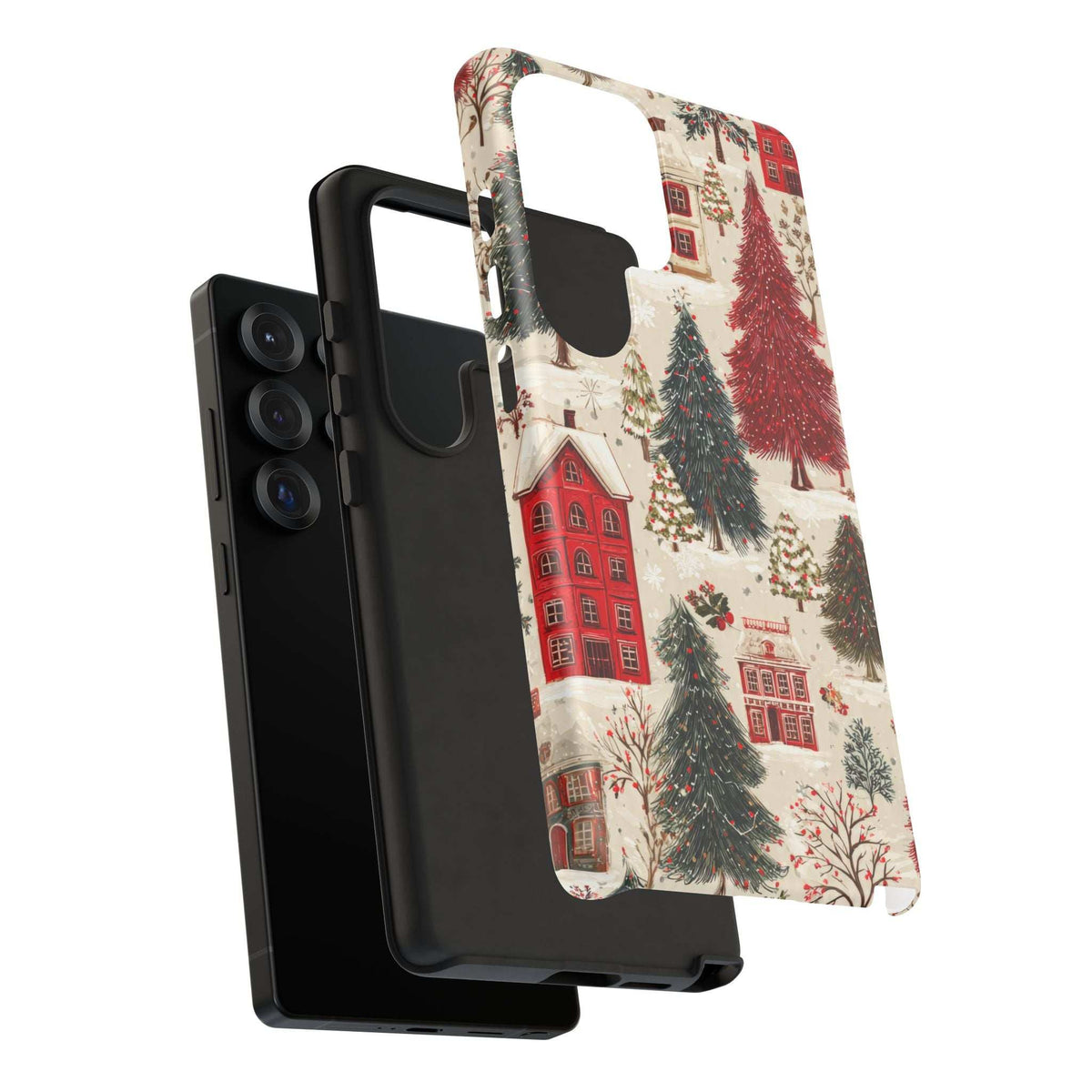 Winter village phone case with red house and evergreen tree design, front and back