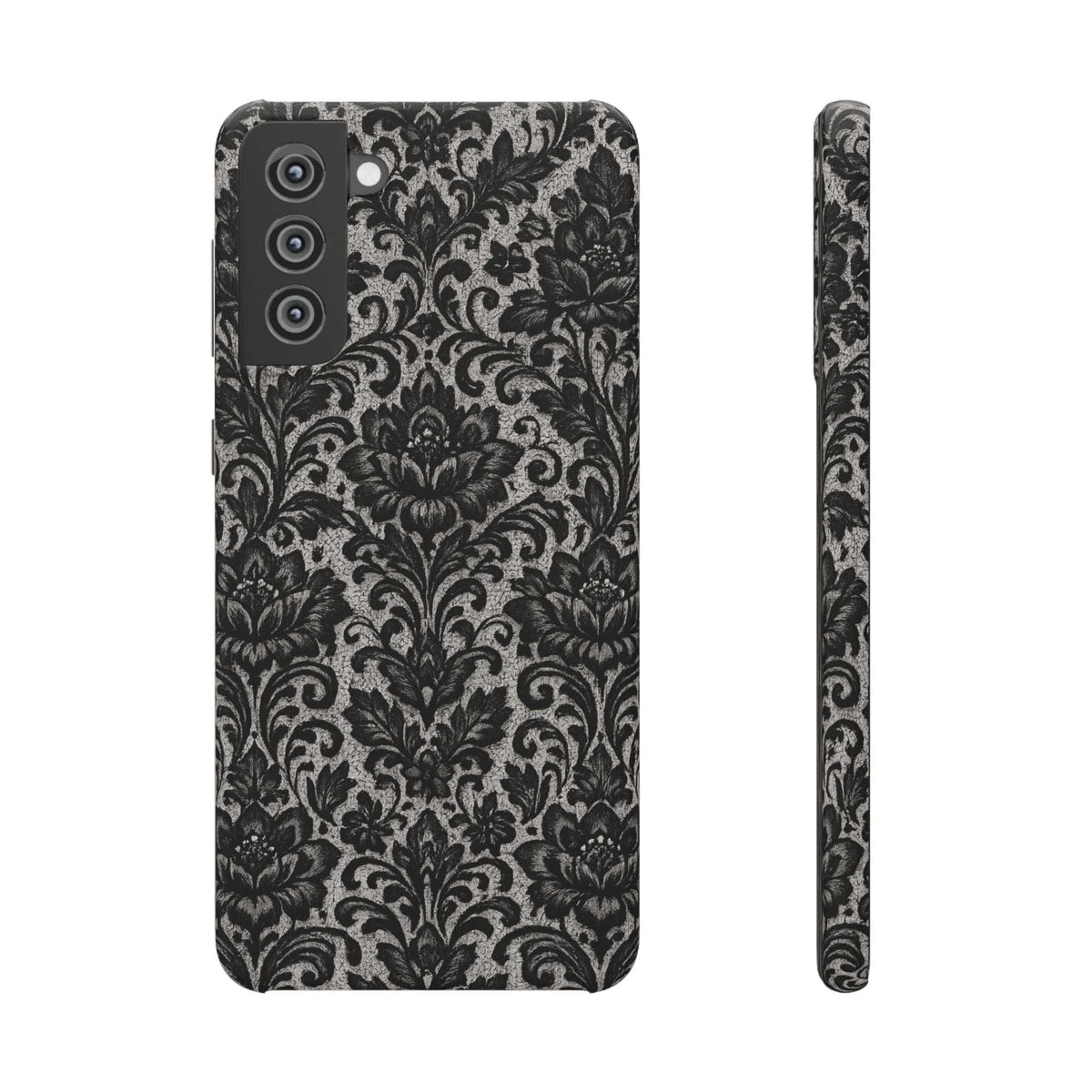 Black damask floral phone case, triple camera cutout; front view with side profile