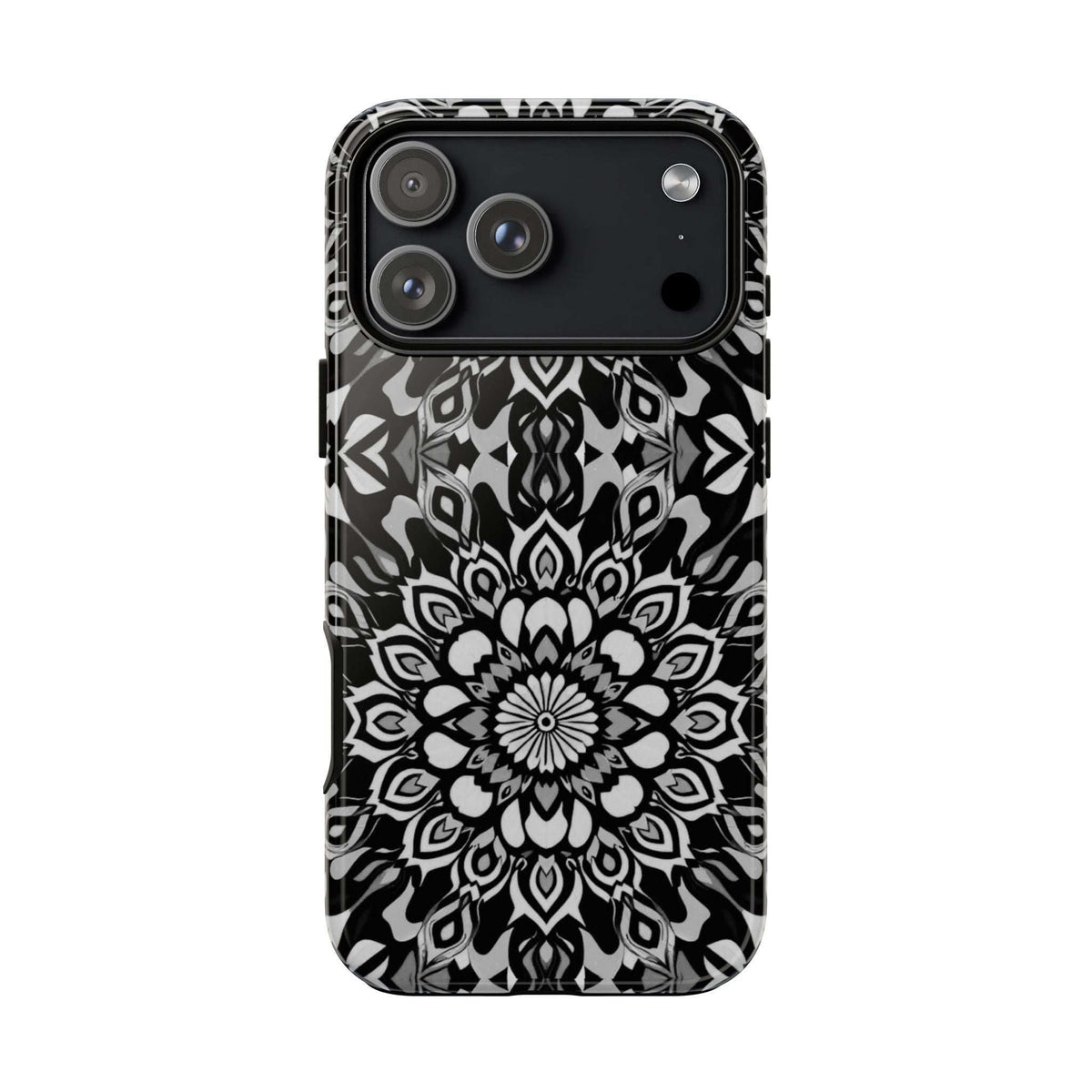 Phone case with black-and-white mandala print, triple camera cutouts and flash