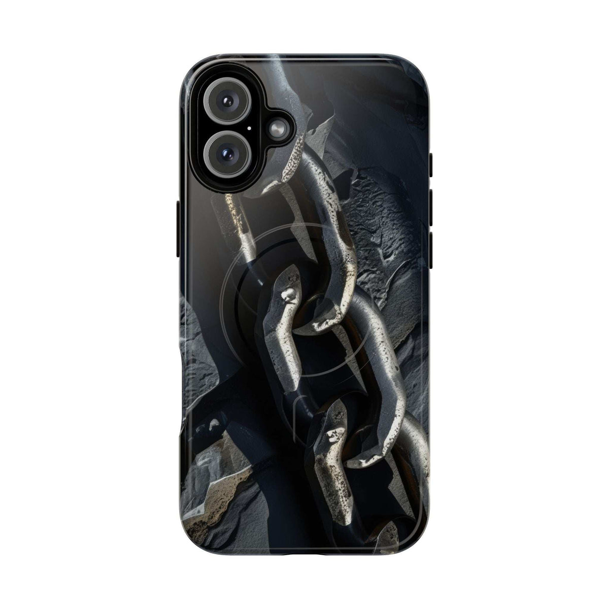 Magnetic phone case for iPhone 13-17 with dark chain graphic and camera cutouts