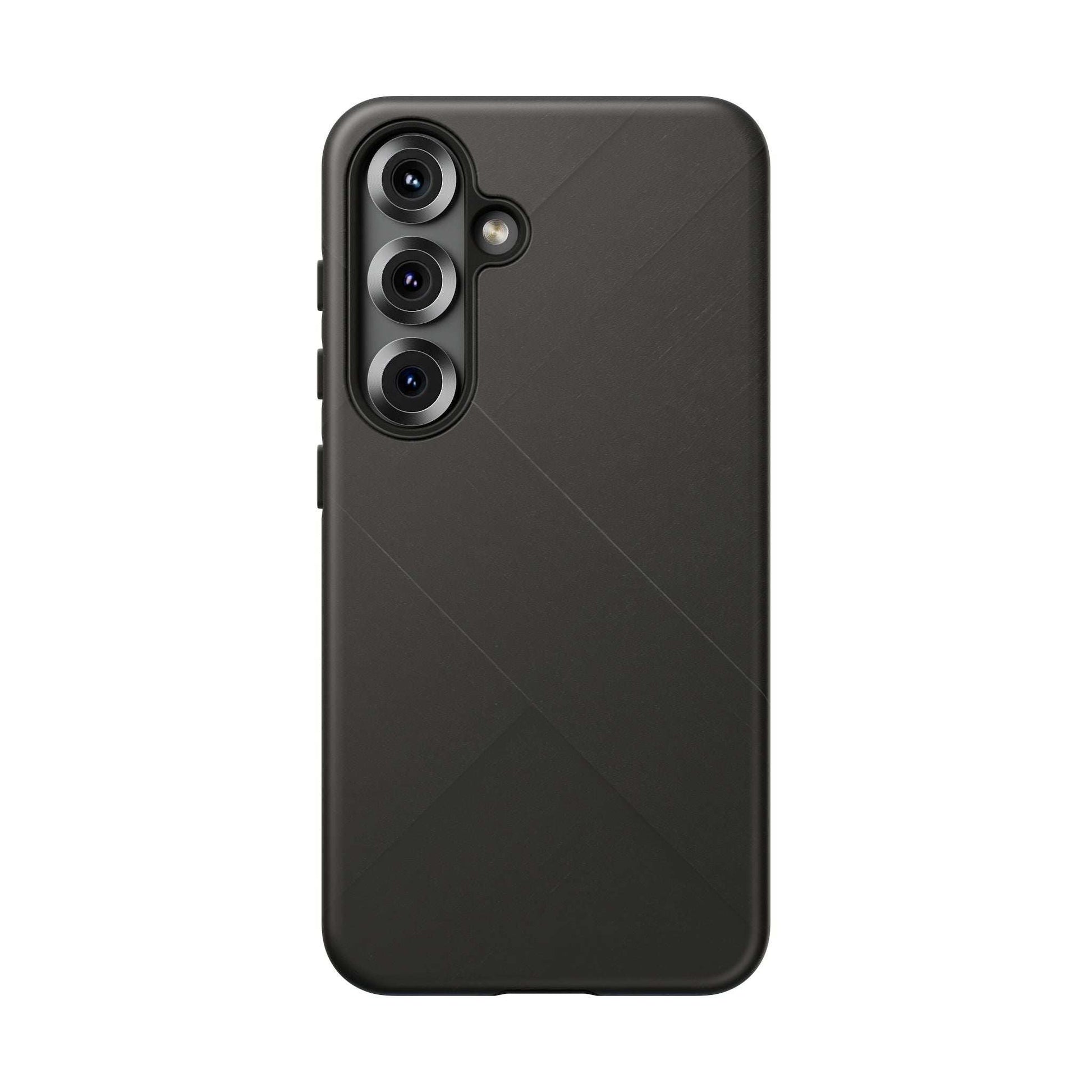 Matte black phone case with diagonal line pattern and camera cutouts, back view