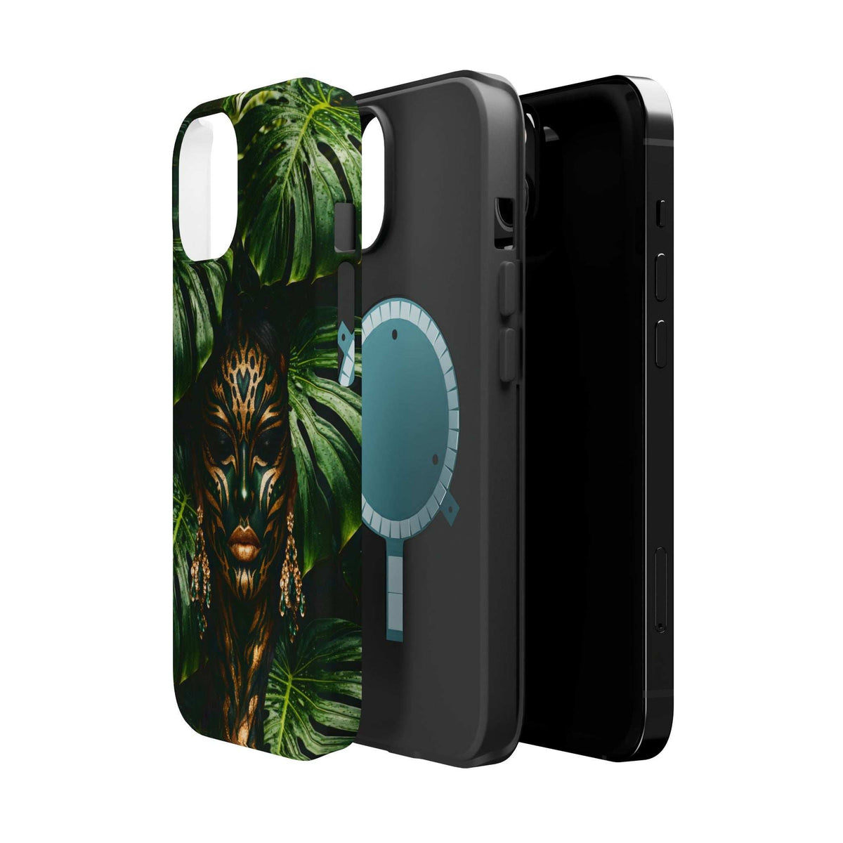 iPhone phone case with jungle lion artwork in green foliage and a light-blue hand design
