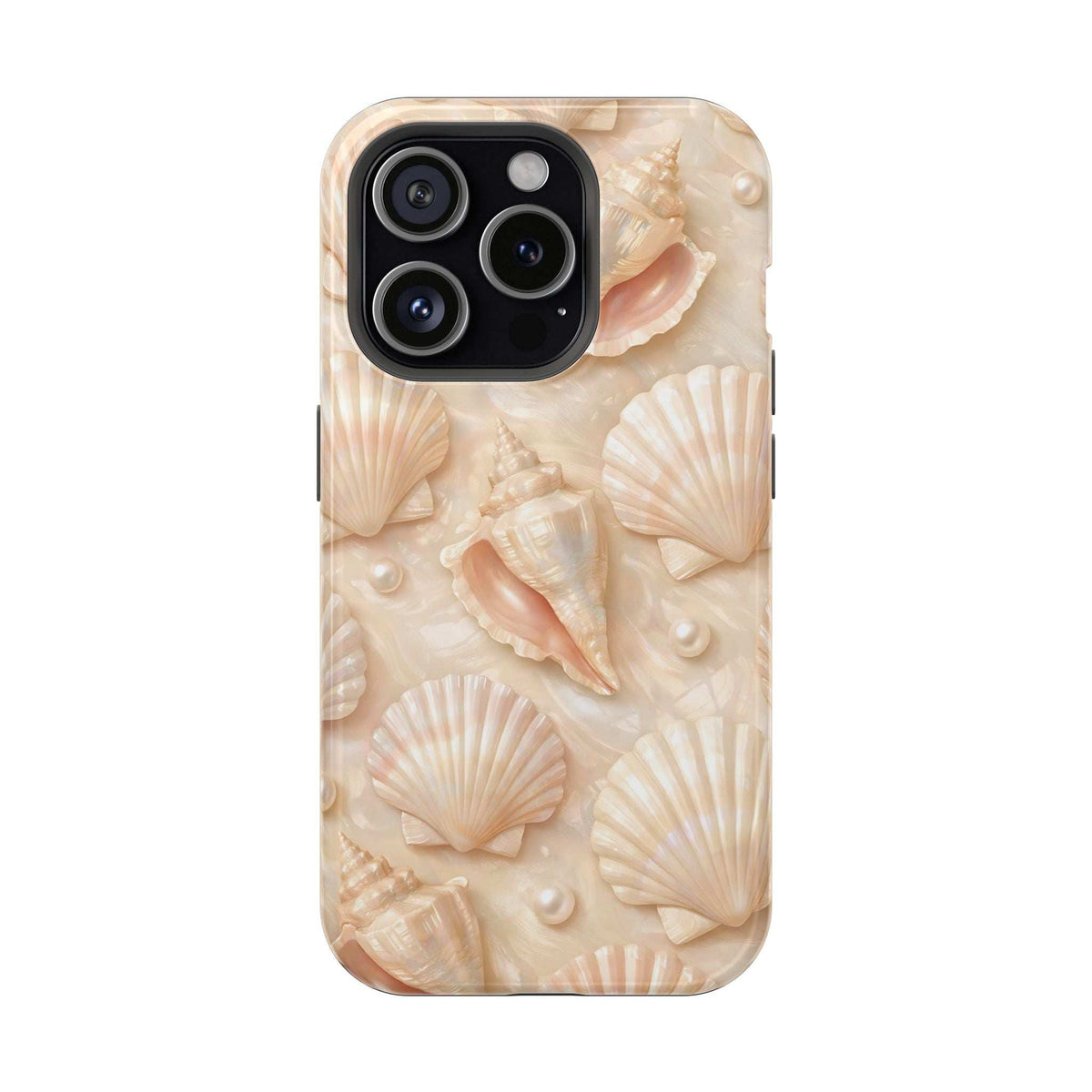 Seashell phone case with cream seashell and pearl design; camera cutout and raised pattern