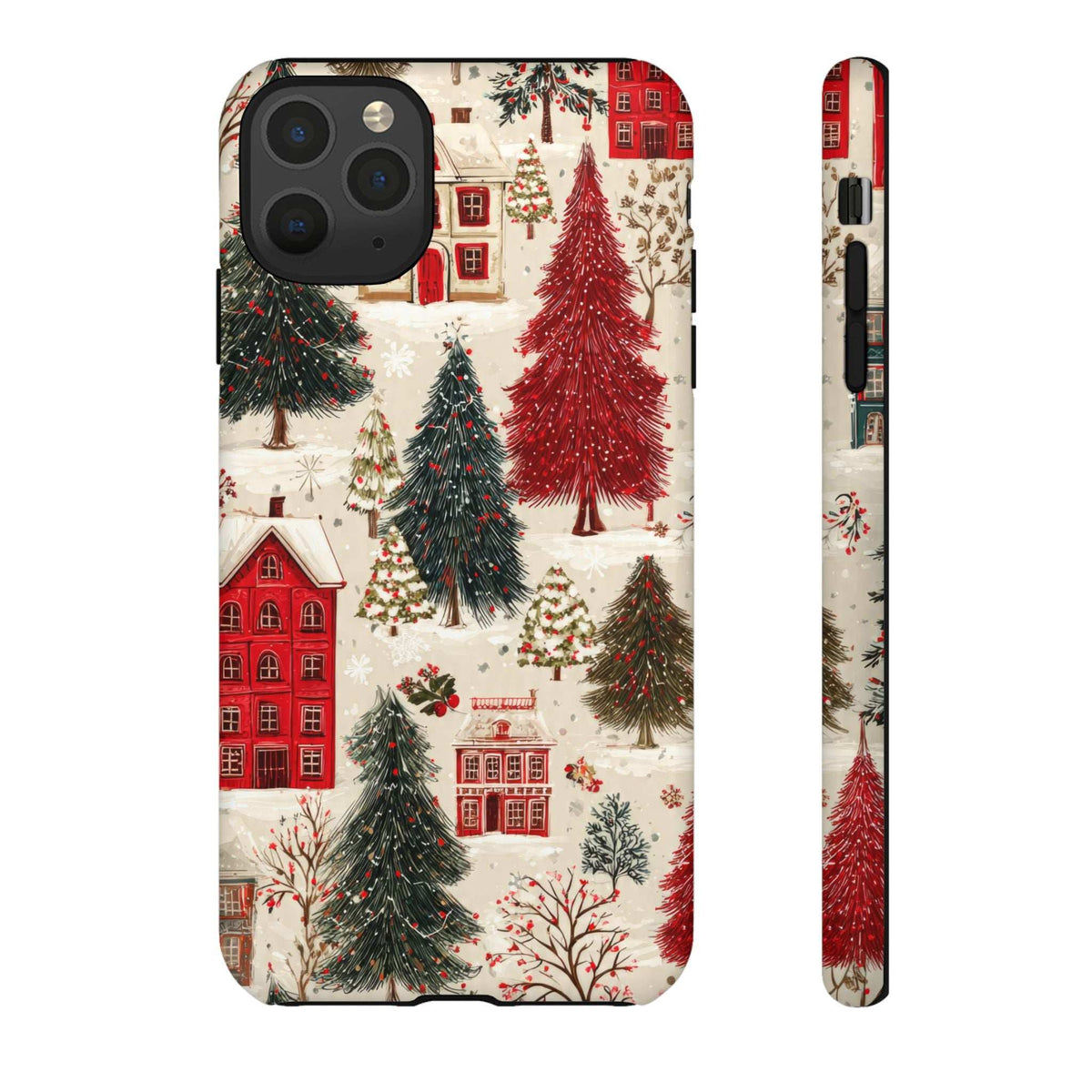 Winter village phone case with red buildings and evergreen trees, back view with camera bump