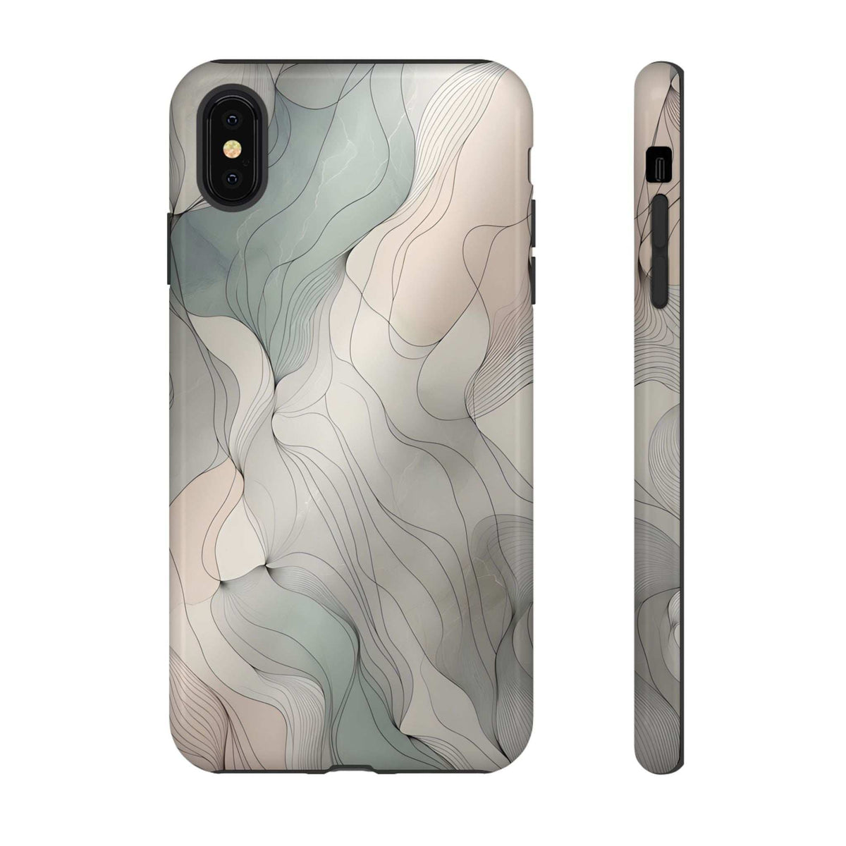 Pastel wave phone case in light cream and blue wavy pattern; raised camera area and cutouts