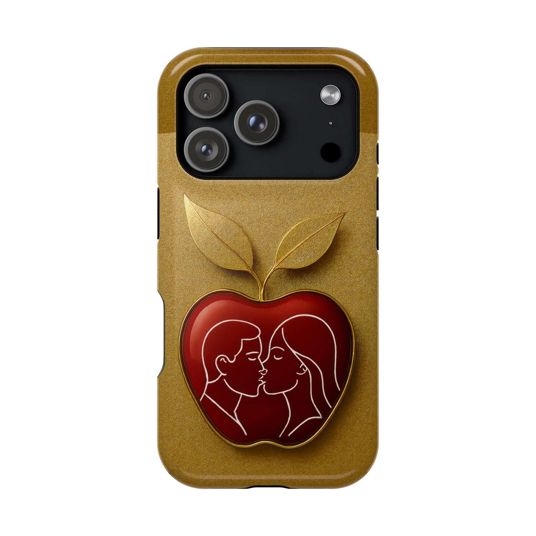 Gold glitter phone case with red heart couple kissing and leaf detail on back