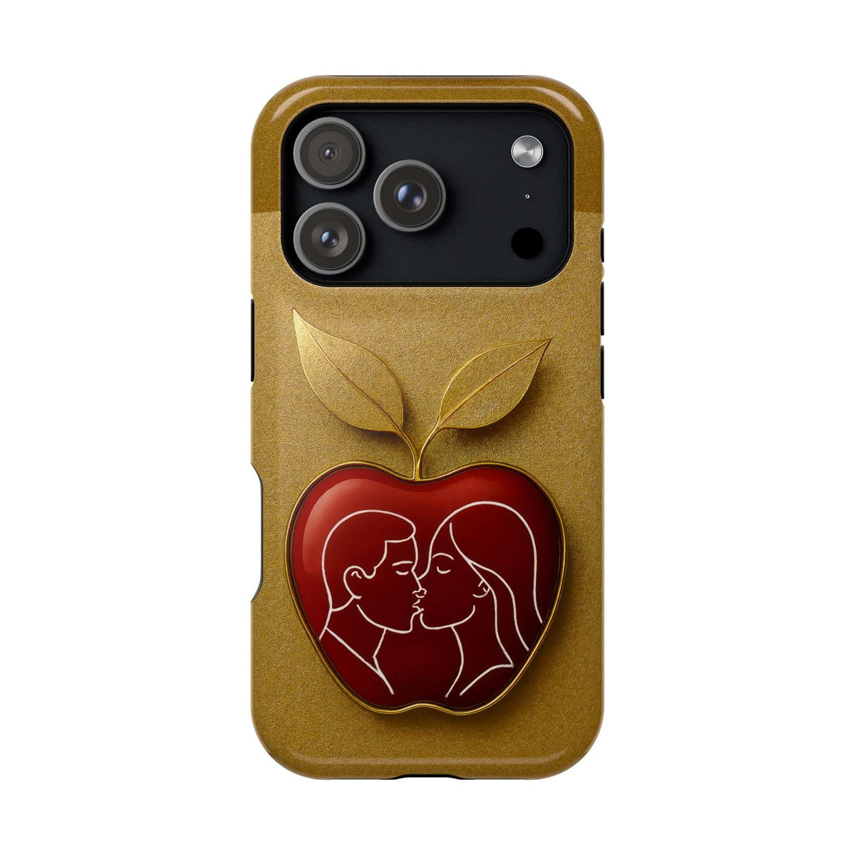 Gold glitter phone case with red heart couple kissing and leaf detail on back