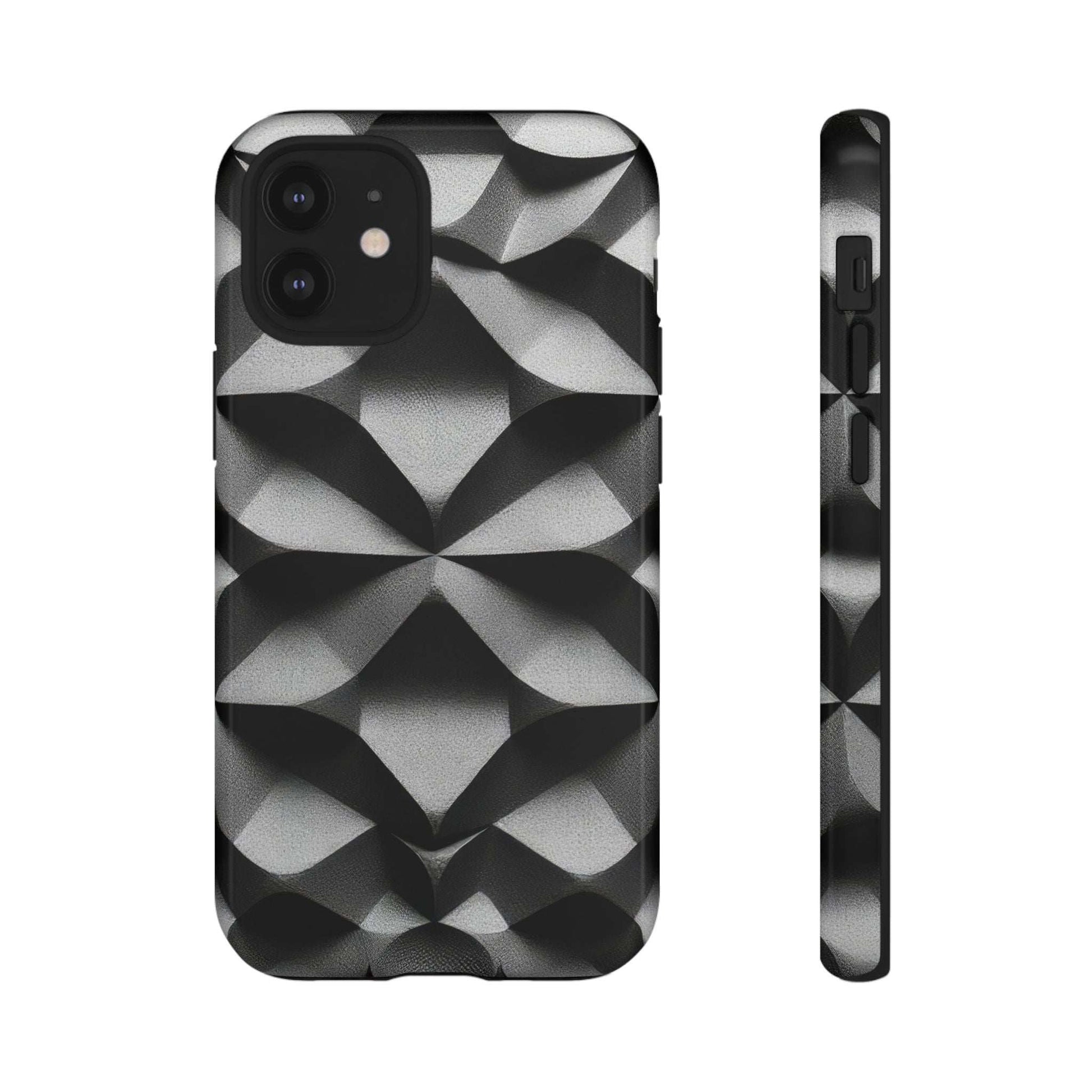 Tough phone case with black and silver geometric diamond pattern, front and side buttons